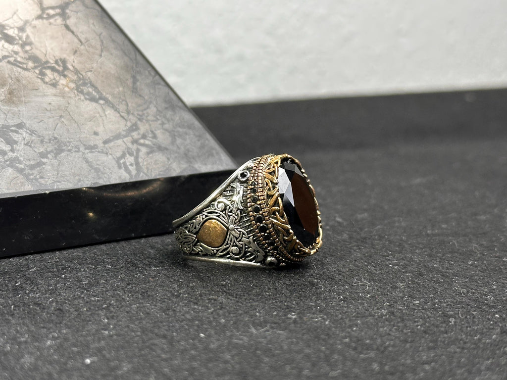 Men's Black Zircon Ring, Sterling Silver Oval (Handmade, Engraved)