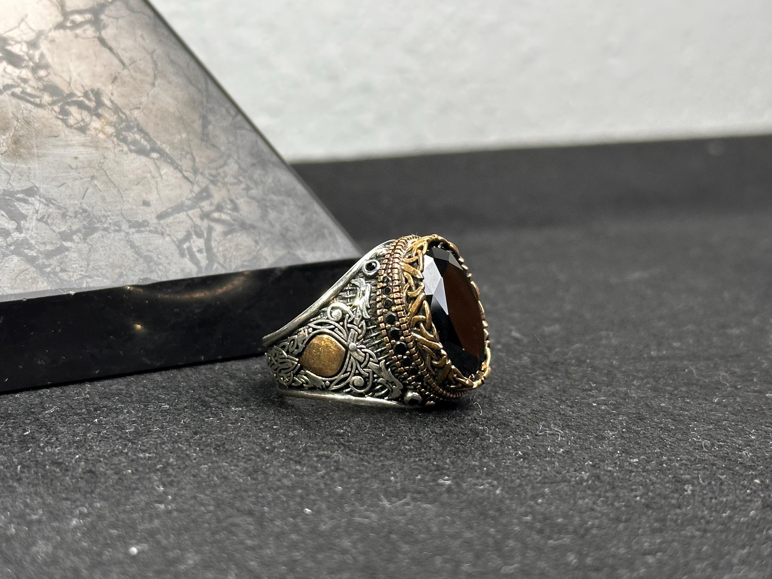 Men's Black Zircon Ring, Sterling Silver Oval (Handmade, Engraved)