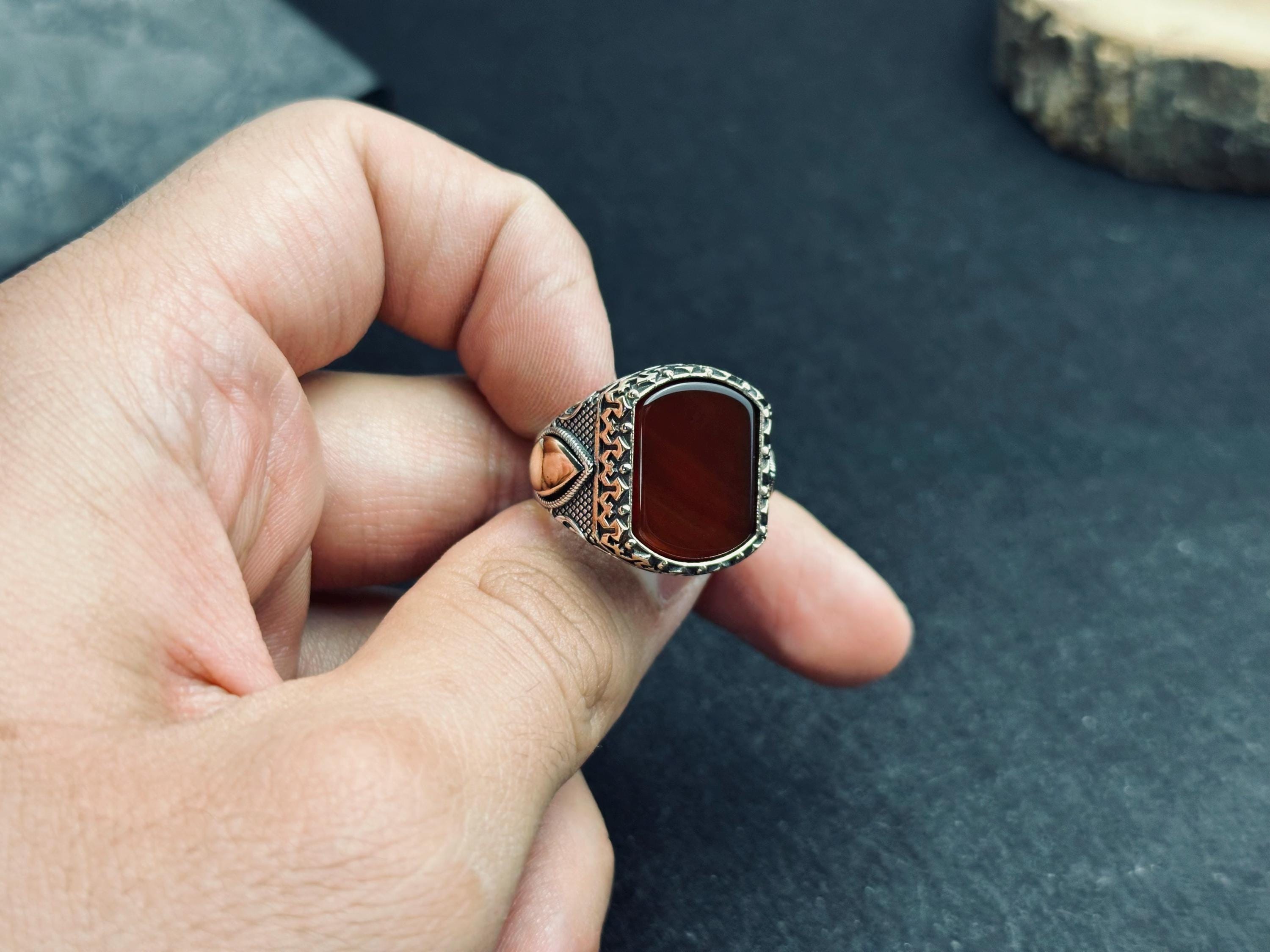 Handmade Men’s Aqeeq Ring: Square Red Stone, Sterling Silver (Artisan Jewelry)