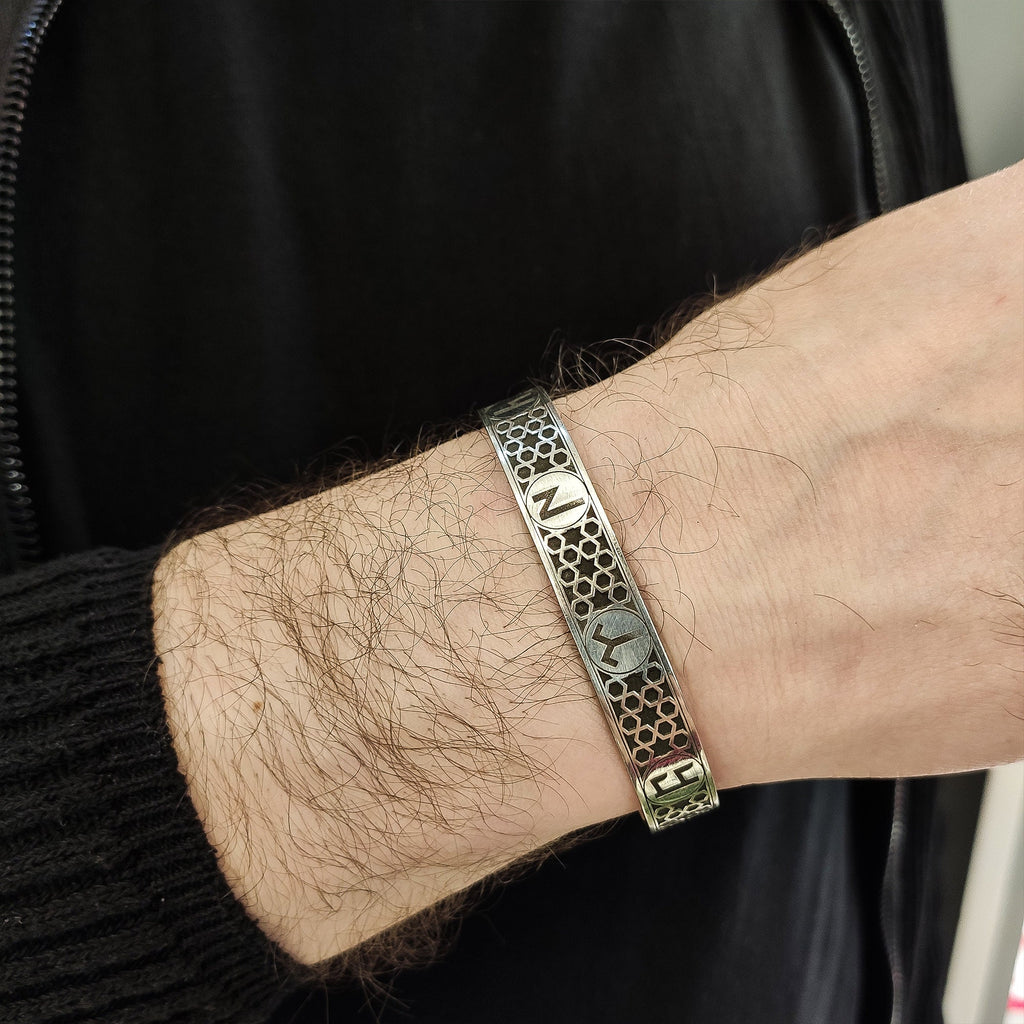 Sterling Silver Bracelet: Men's Adjustable Hand Cuff (Engraved Text)