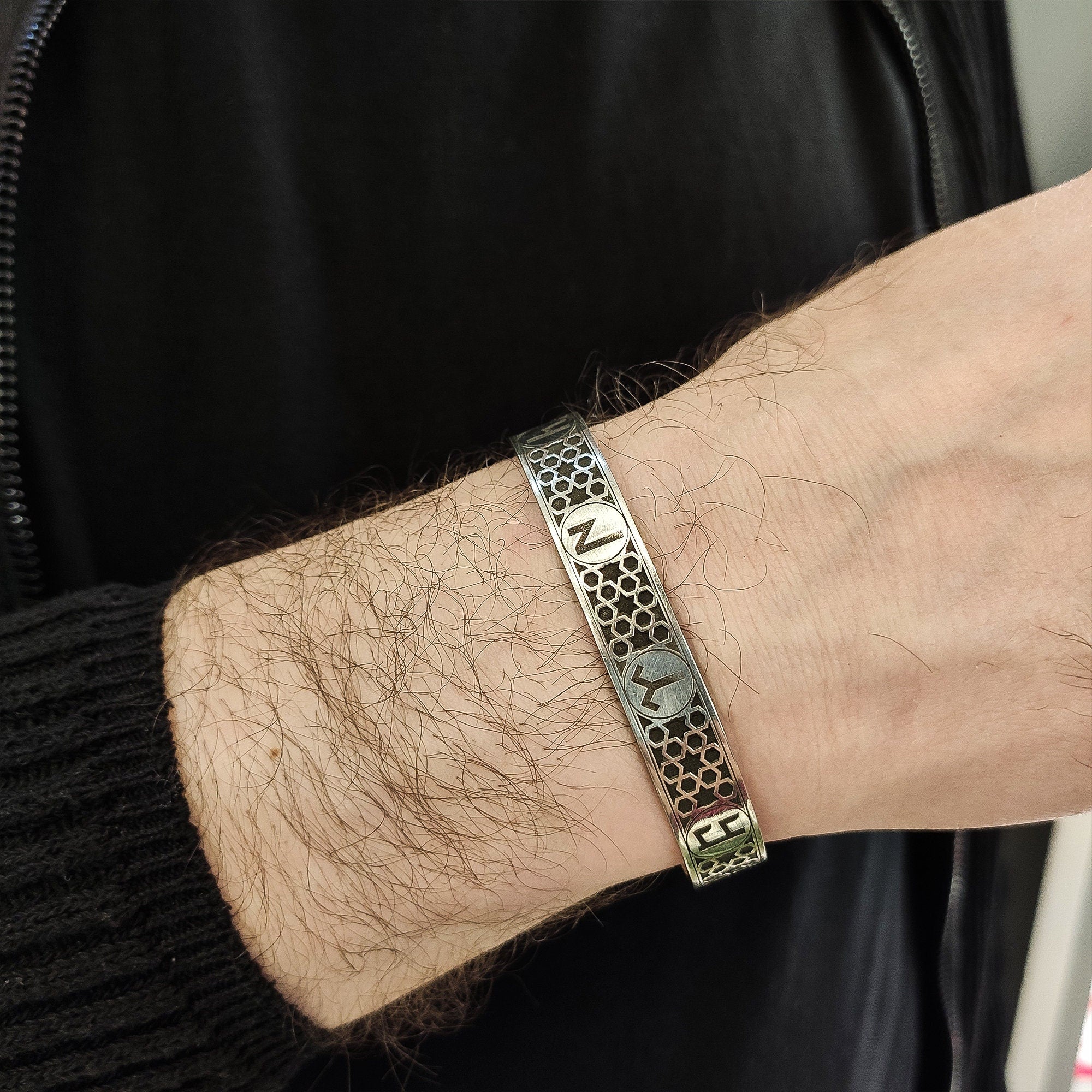 Sterling Silver Bracelet: Men's Adjustable Hand Cuff (Engraved Text)