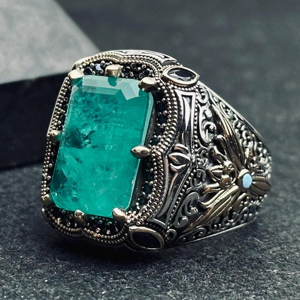 Statement Silver Ring: Turkish Aquamarine Square - Handmade Sterling