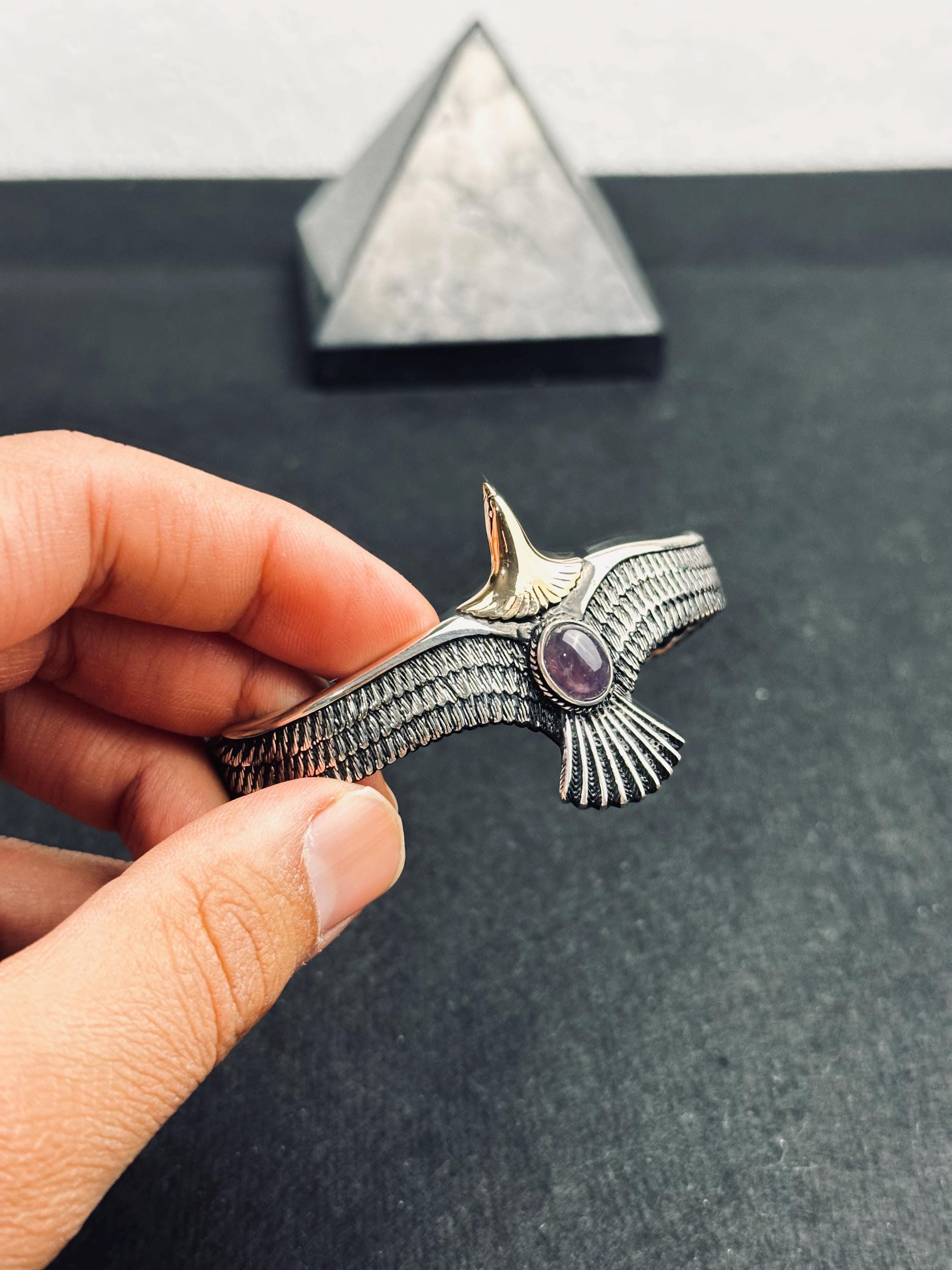 Eagle Amethyst Bracelet: Sterling Silver Cuff (Adjustable, Handmade)