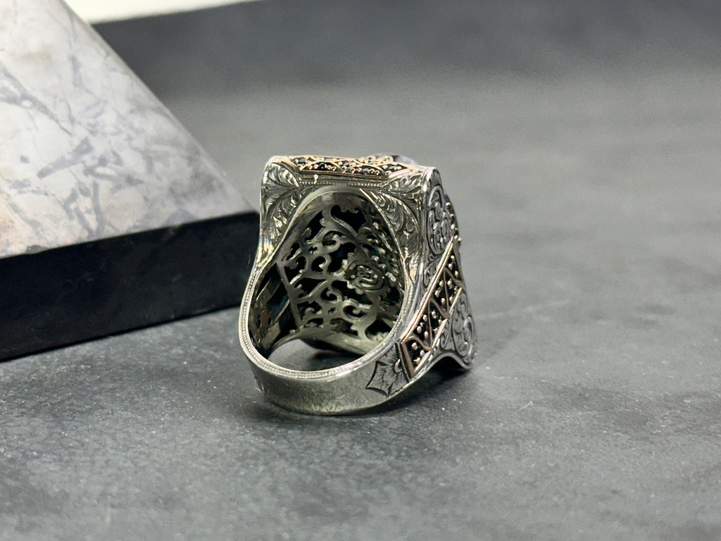 Zulfiqar Sword Amber Ring, Sterling Silver (Oversized Men's Signet)