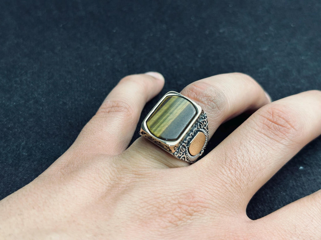 Sterling Silver Men's Ring: Square Tiger Eye Gemstone