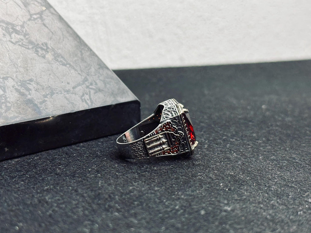 Men's Square Ruby Ring: Ottoman Inspired Design (Sterling Silver)