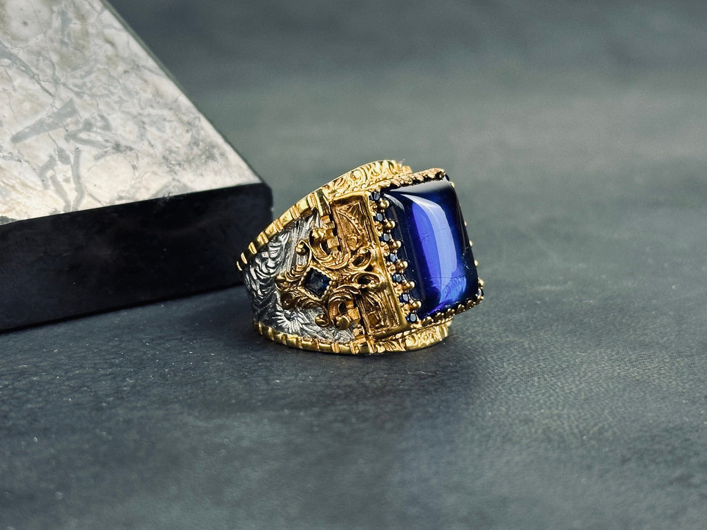 Handmade Silver Cross Ring, Blue Zirconium Square Stone (Men's Sizes)