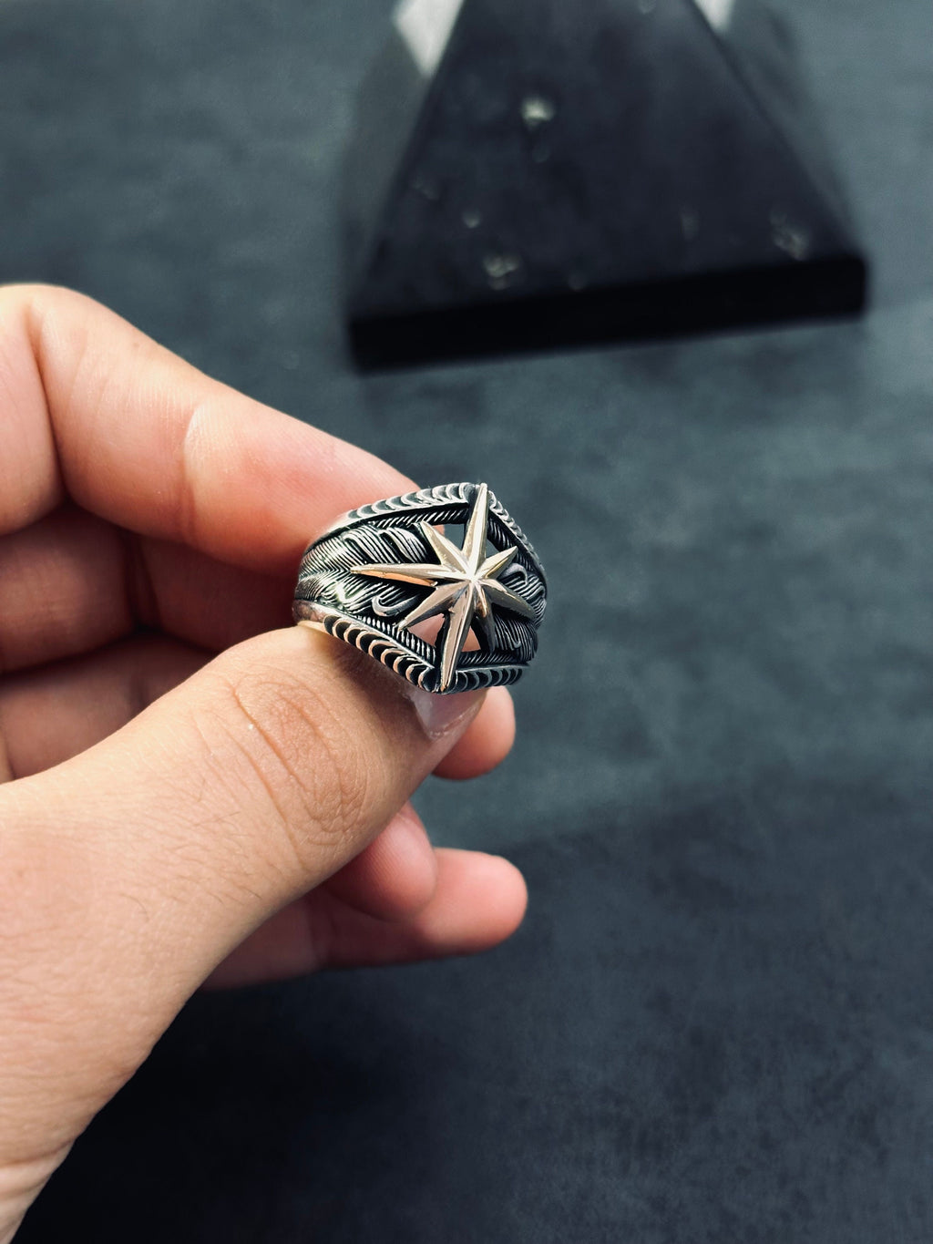 Sterling Silver Compass Ring, North Star Engraved (Handmade, 925)