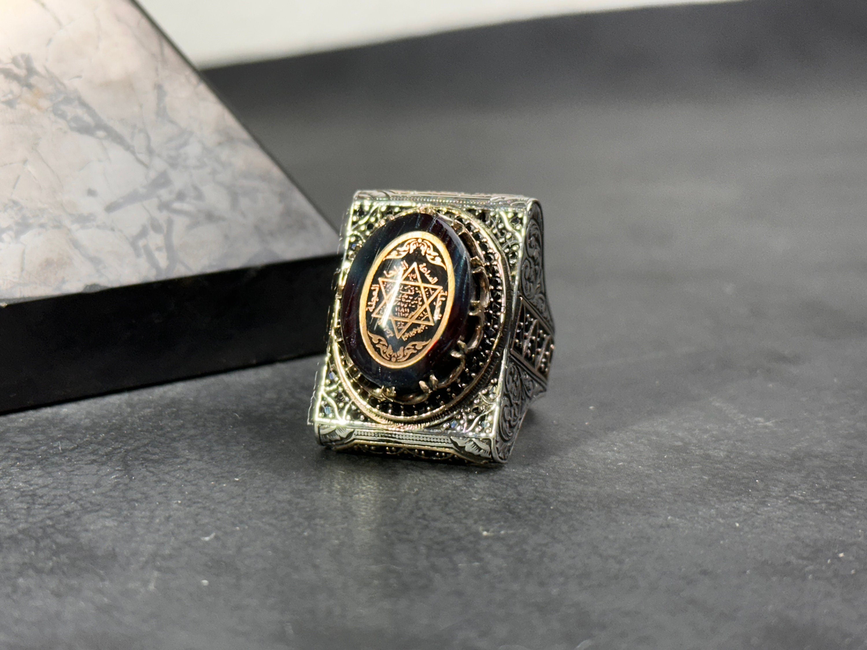 Solomon Seal Ring - Sterling Silver Amber Stone for Men