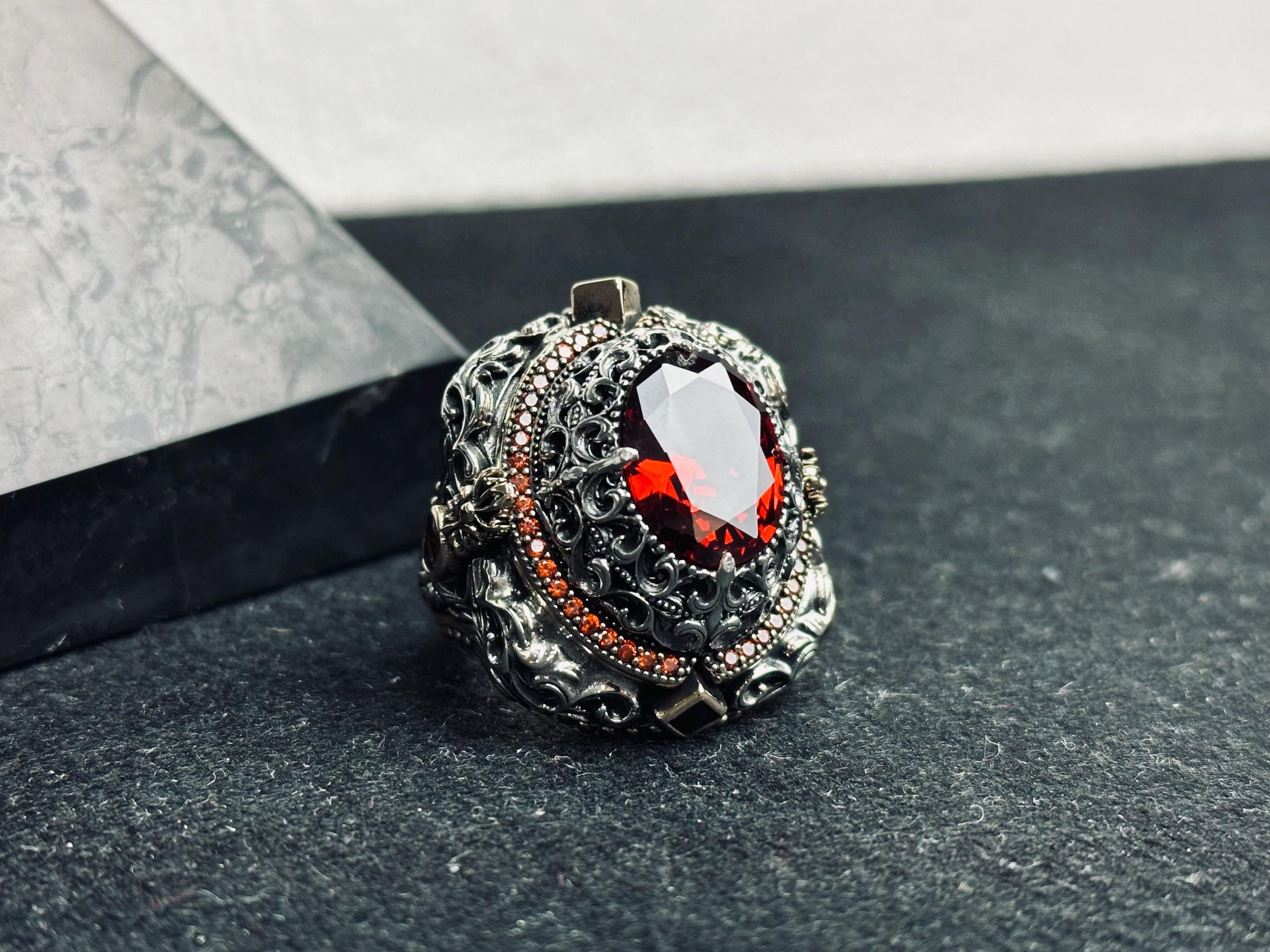 Ruby Ring, 925 Sterling Silver Victorian Filigree Statement Ring