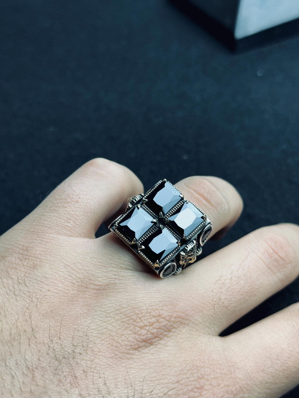 Men’s Square Zircon Ring: Bold Black Sterling Silver (Handmade)