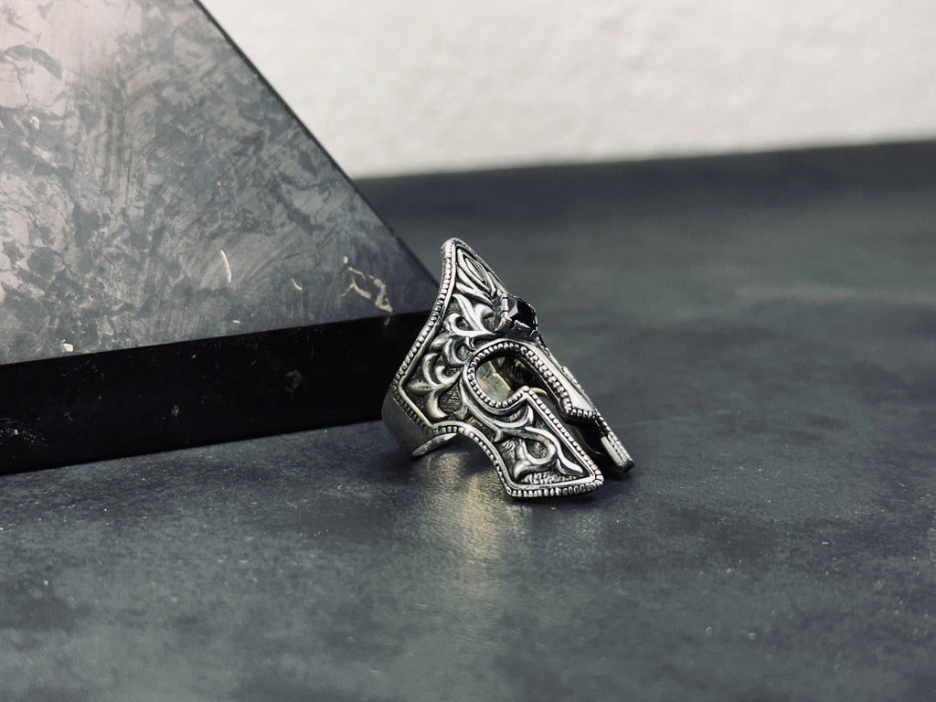 Spartan Helm Ring, Sterling Silver with Blue Zircon (Men's Size)