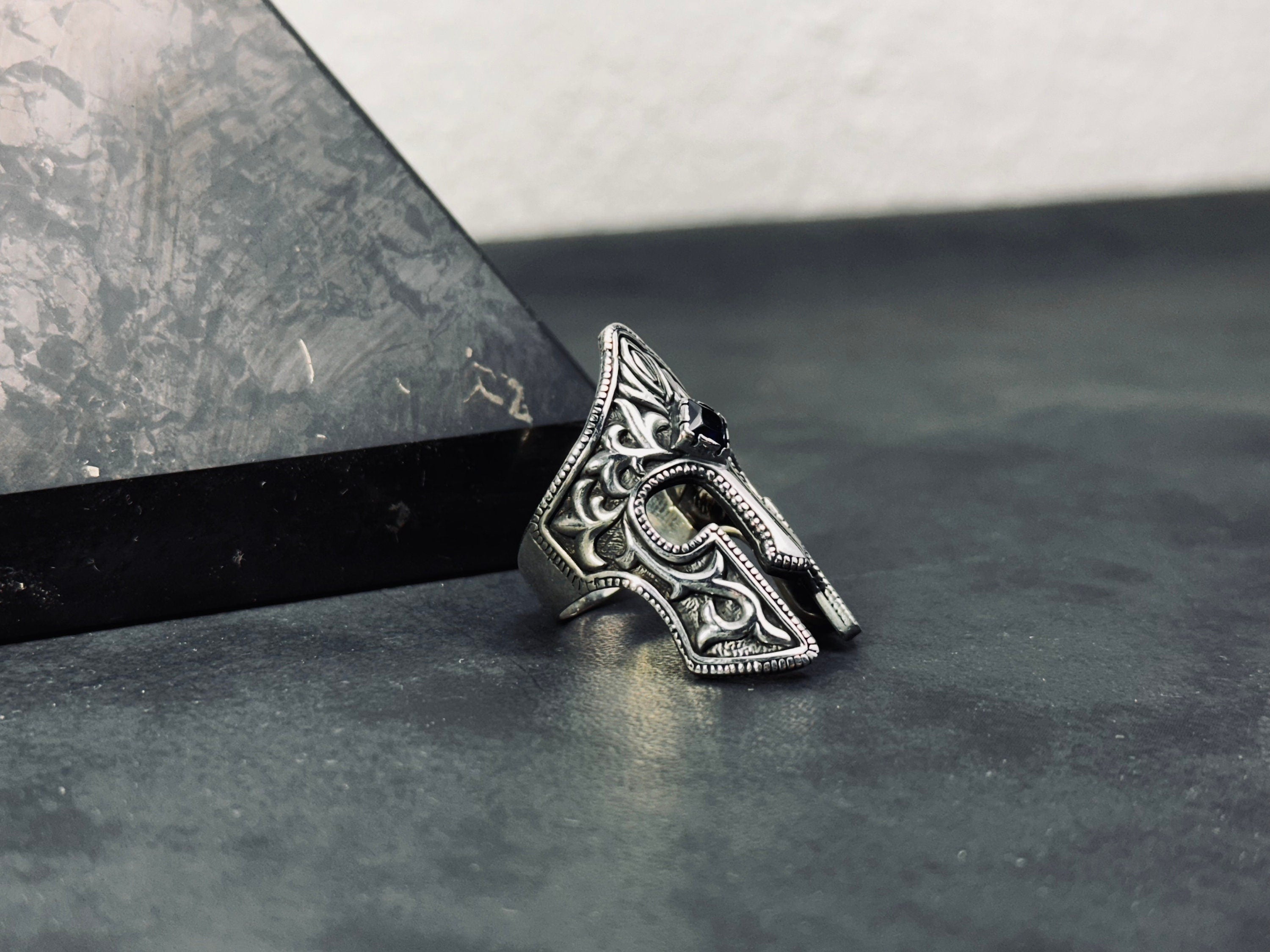 Spartan Helm Ring, Sterling Silver with Blue Zircon (Men's Size)