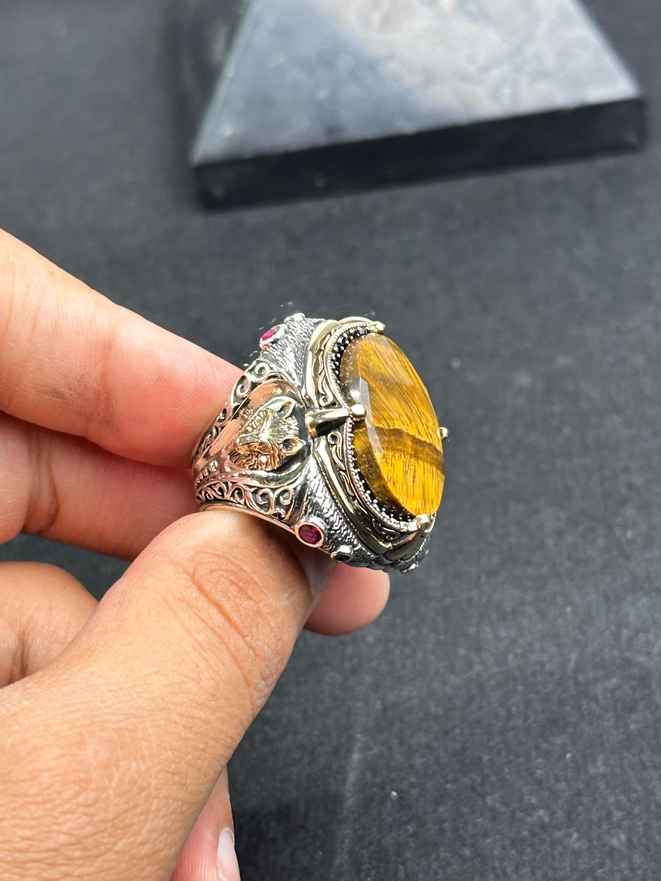 Men's Tiger's Eye Ring: Handmade Silver - Bold Gemstone Design