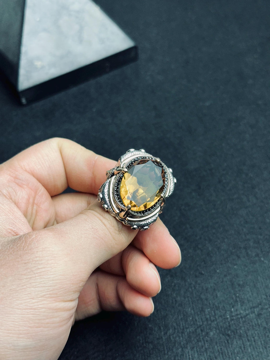 Sultanit Statement Ring: Handmade Sterling Silver with Wolf Detail