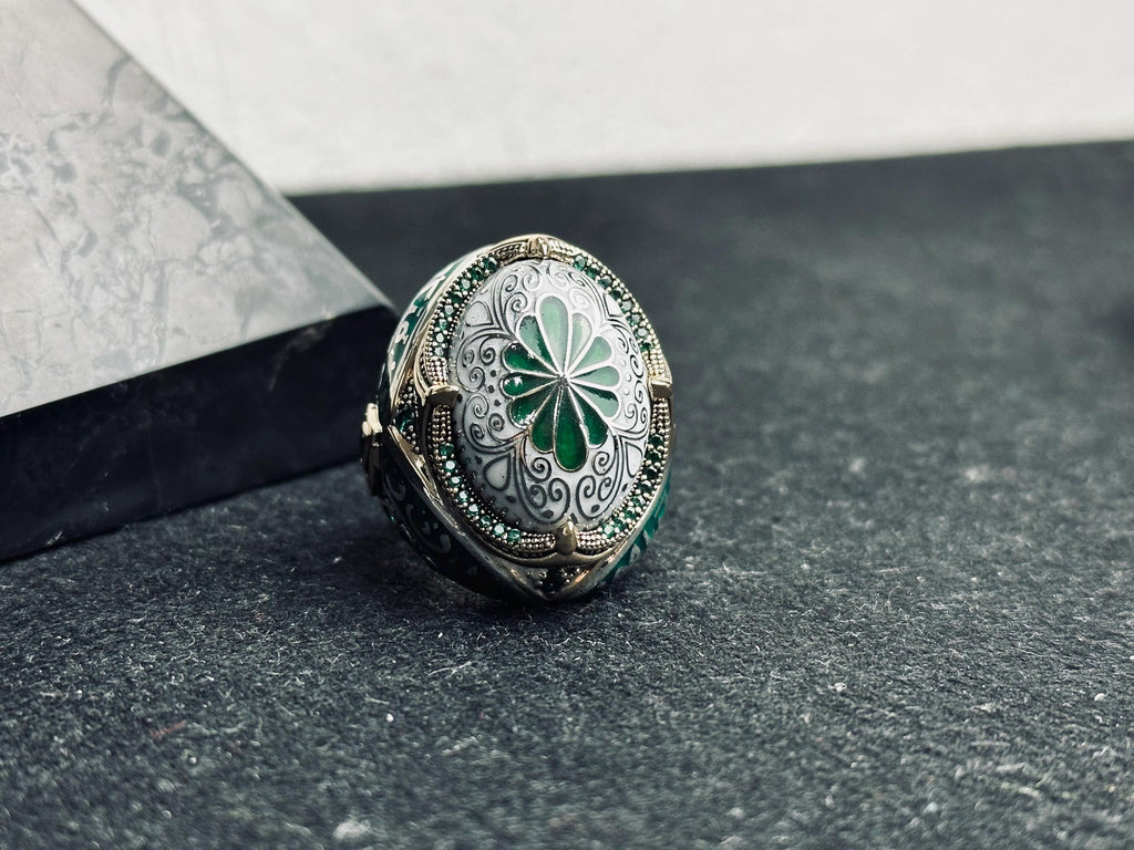 Green Enamel Islamic Ring, 925 Sterling Silver Ottoman Men's Ring
