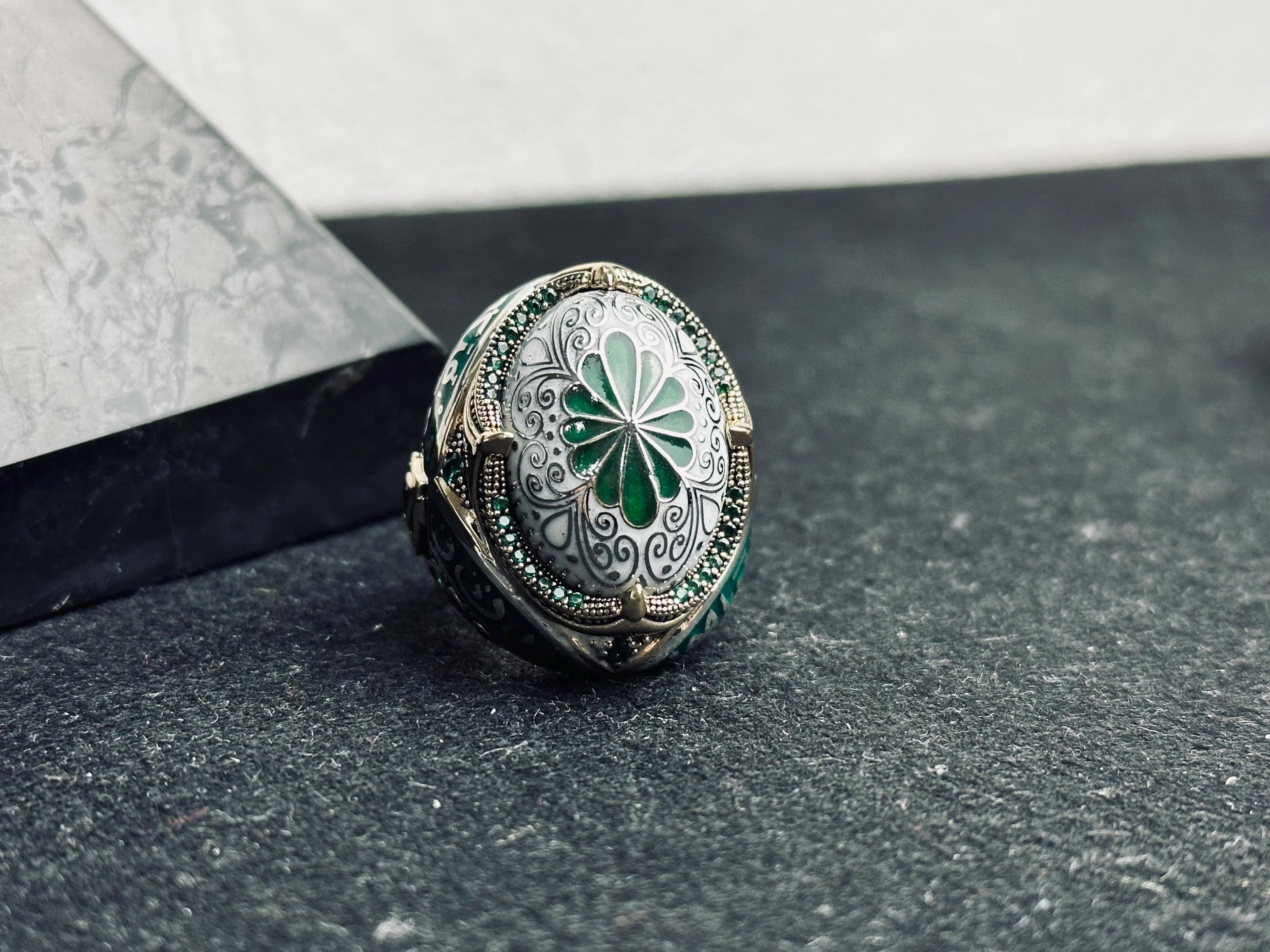 Green Enamel Islamic Ring, 925 Sterling Silver Ottoman Men's Ring