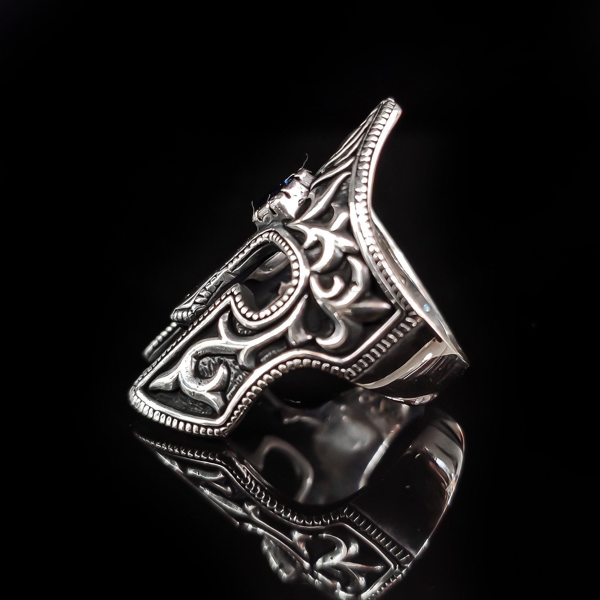 Spartan Helm Ring: Sterling Silver, Emerald Accent - Handmade