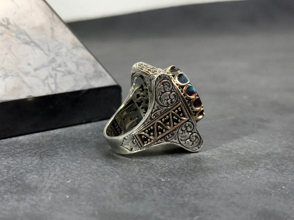 Solomon Seal Ring - Sterling Silver Amber Stone for Men