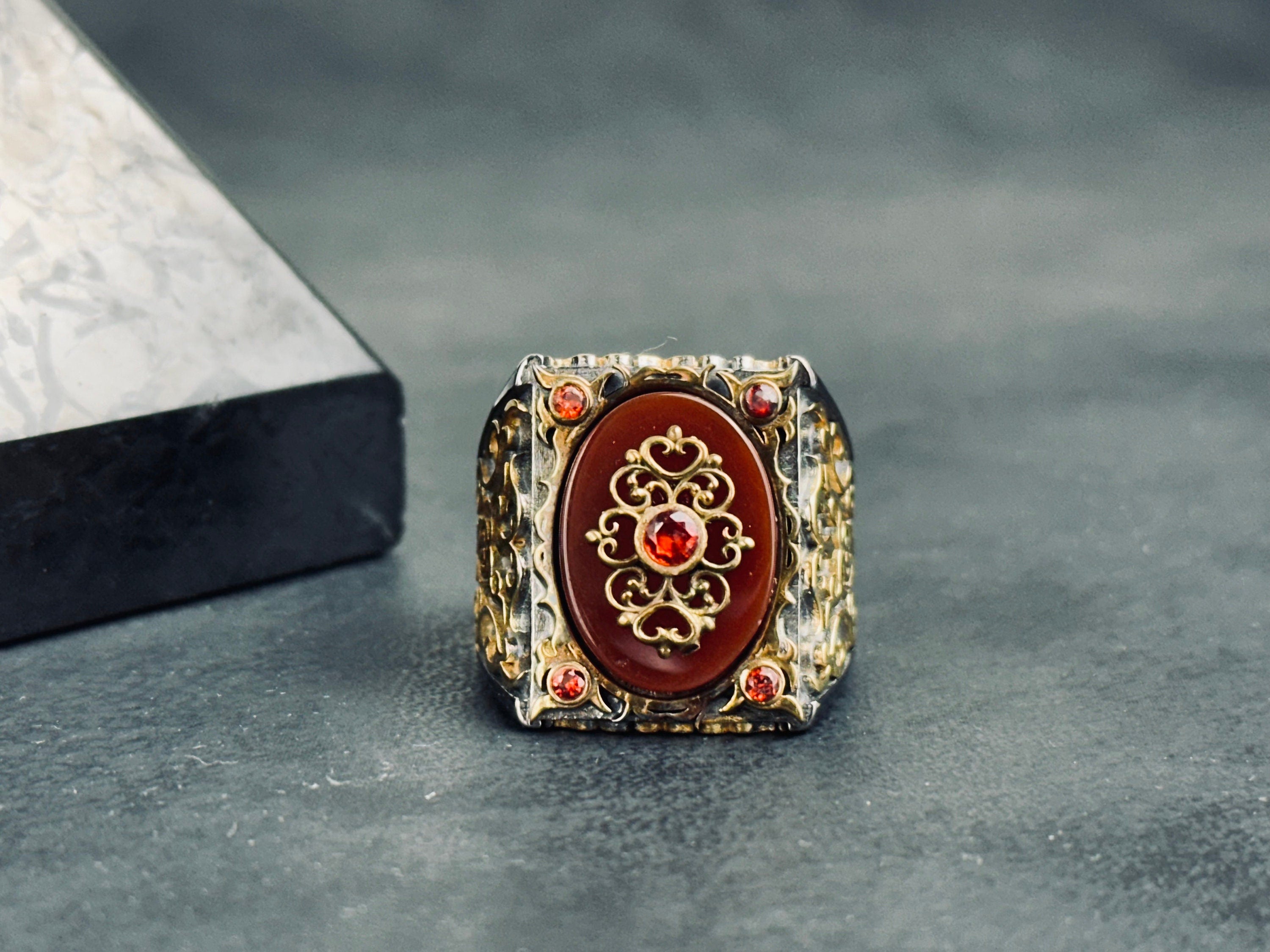 Red Aqeeq Ring: Handmade Sterling Silver (Engraved, Zirconium Accent)