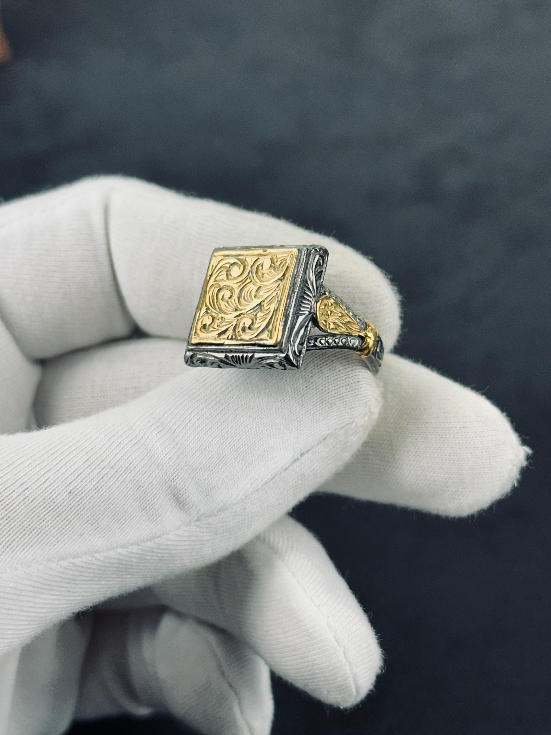 Sterling Silver Ring, Rhodium Engraved Band (Men's Size Options)