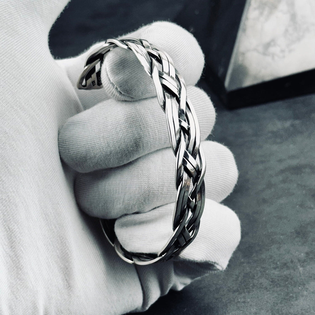 Knitted Silver Cuff Bracelet: Handmade Adjustable Braid (Sterling 925)
