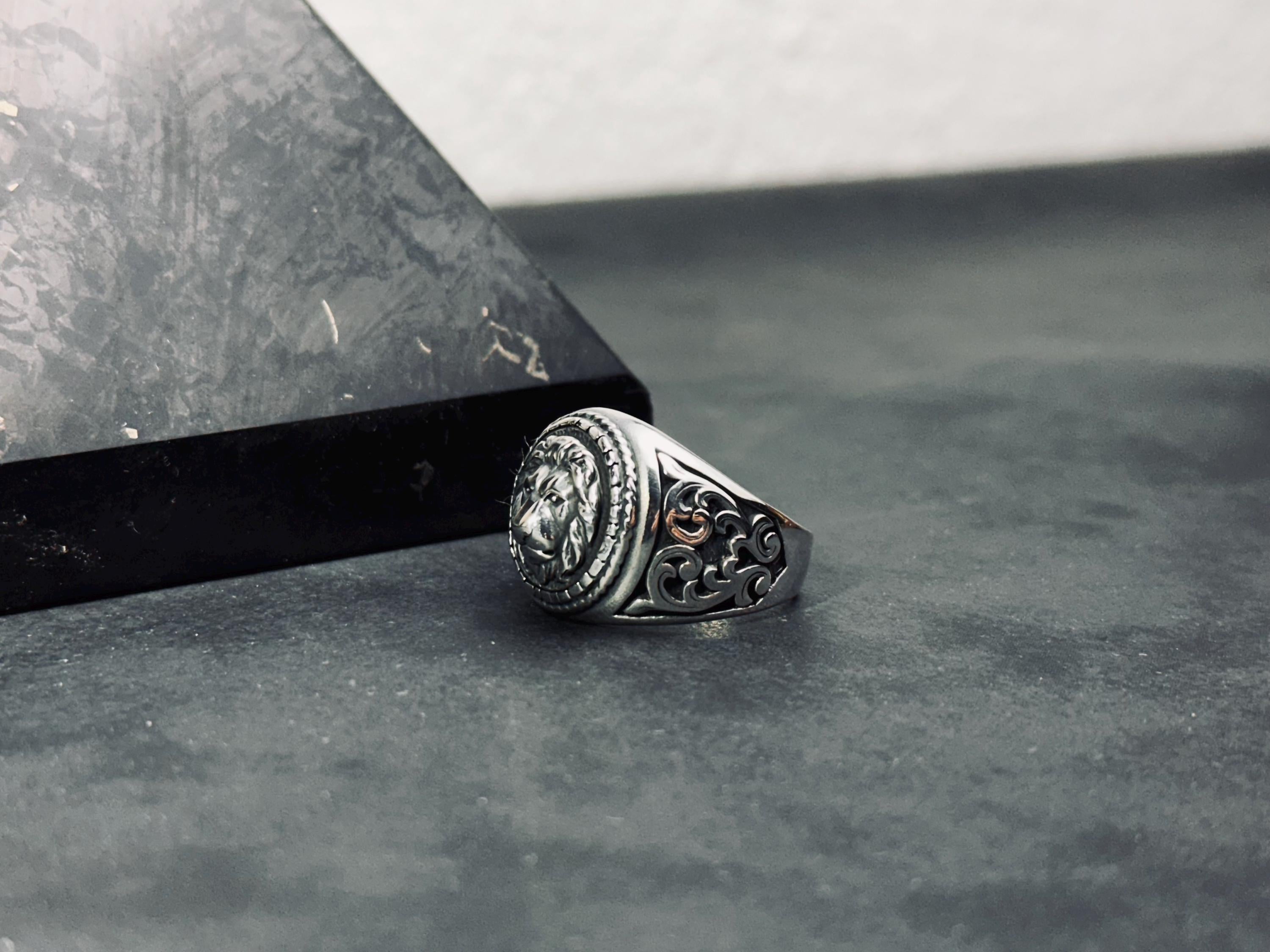 Engraved Lion Ring: Handmade Sterling Silver, Zodiac Leo Design