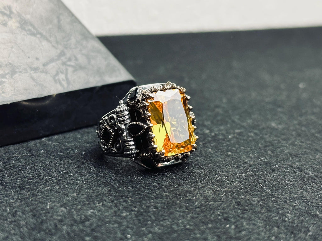 Sterling Silver Mens Citrine Ring: Turkish Handmade, Rectangular Stone