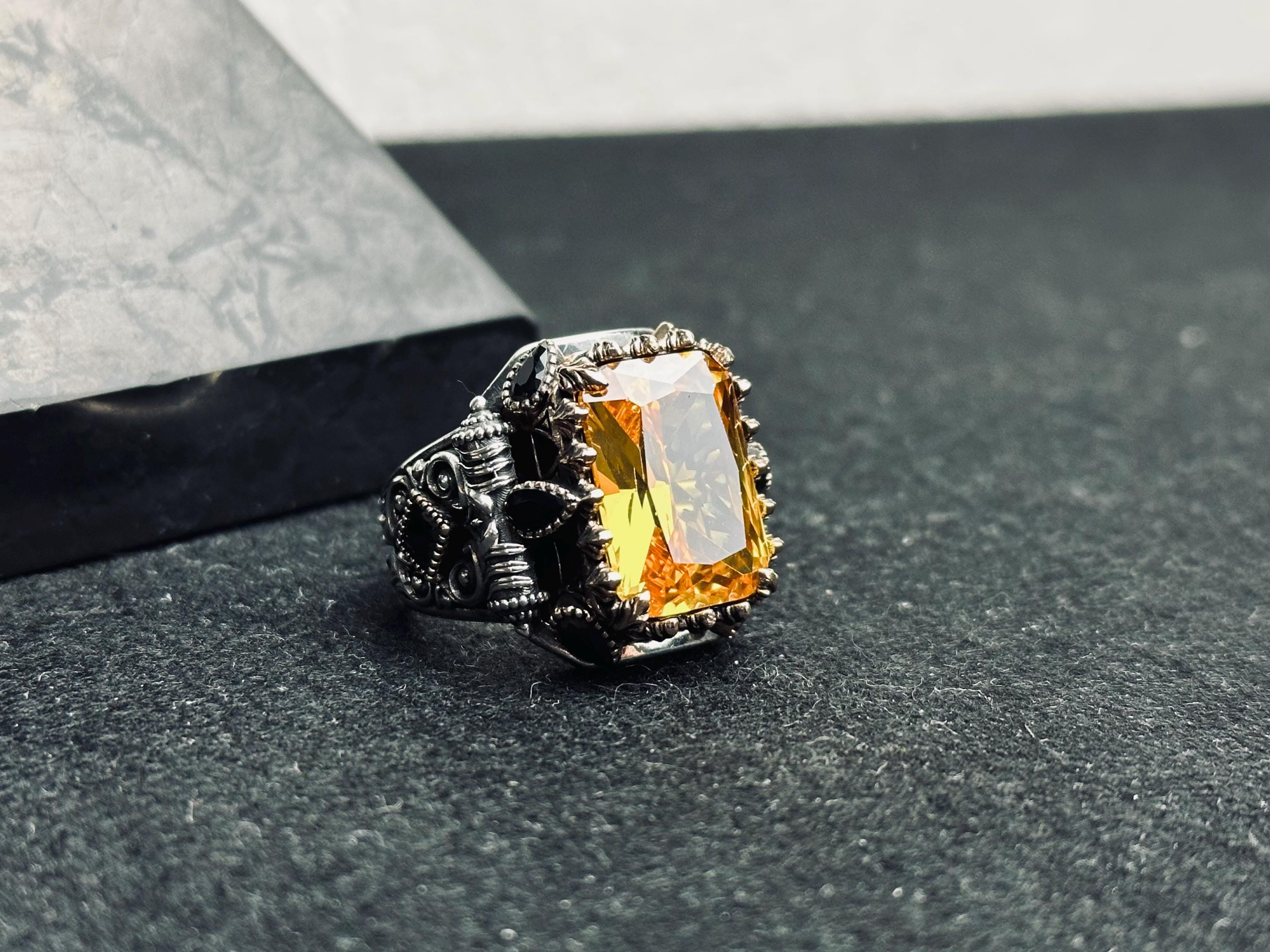 Sterling Silver Mens Citrine Ring: Turkish Handmade, Rectangular Stone