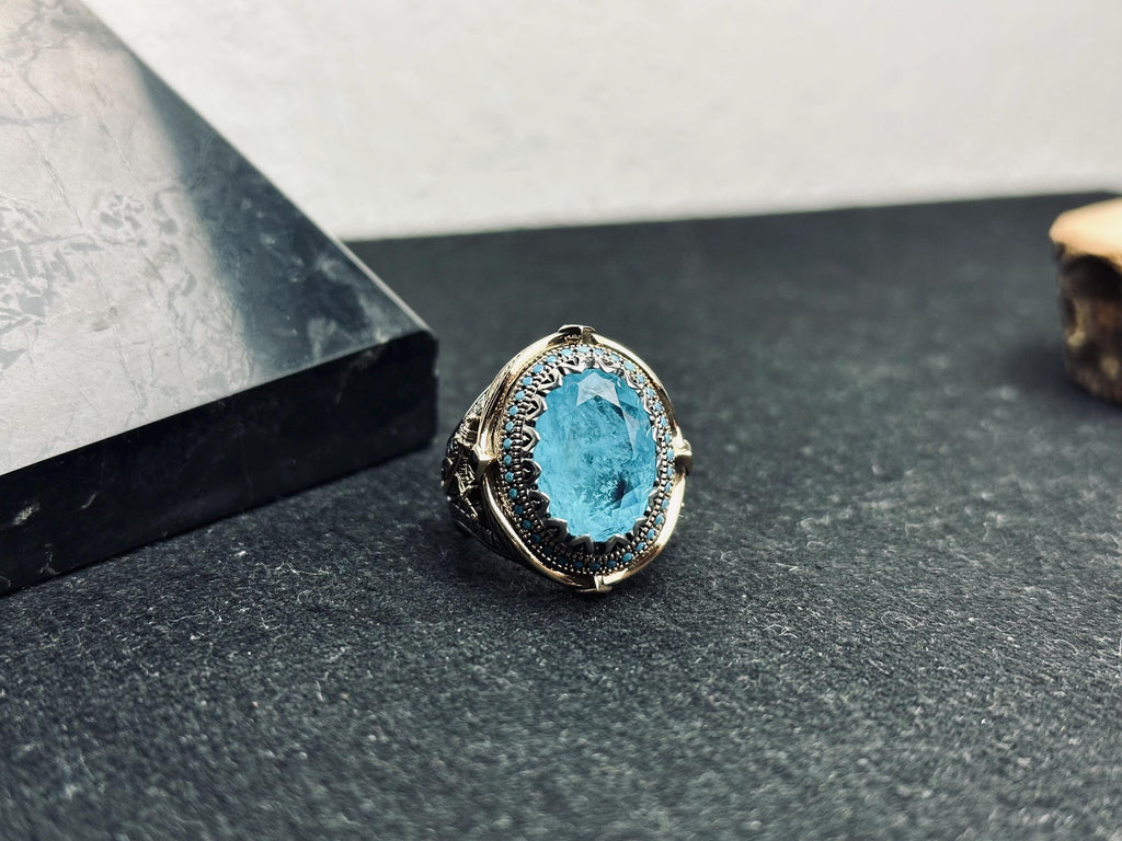 Aquamarine Oval Ring - Handmade Sterling Silver, Turkish Design