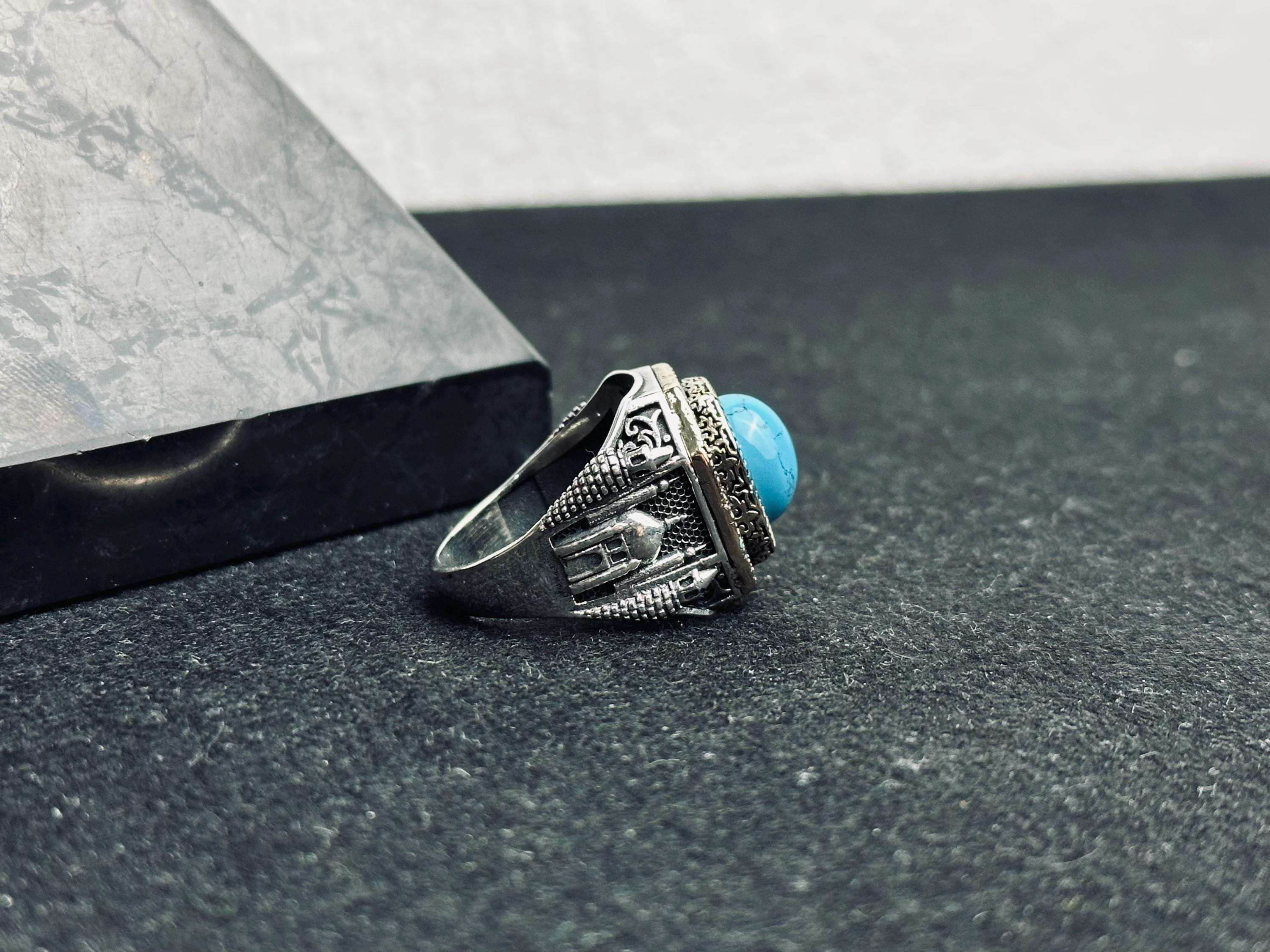 Turquoise Men's Ring: Mosque Engraved Sterling Silver Statement