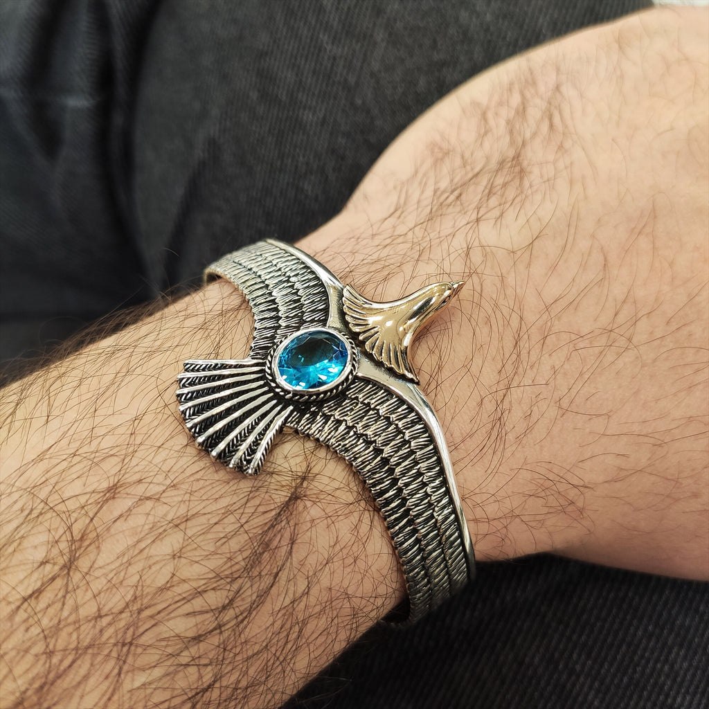 Silver Eagle Bracelet: Handmade Cuff with Aquamarine (Men's Jewelry)