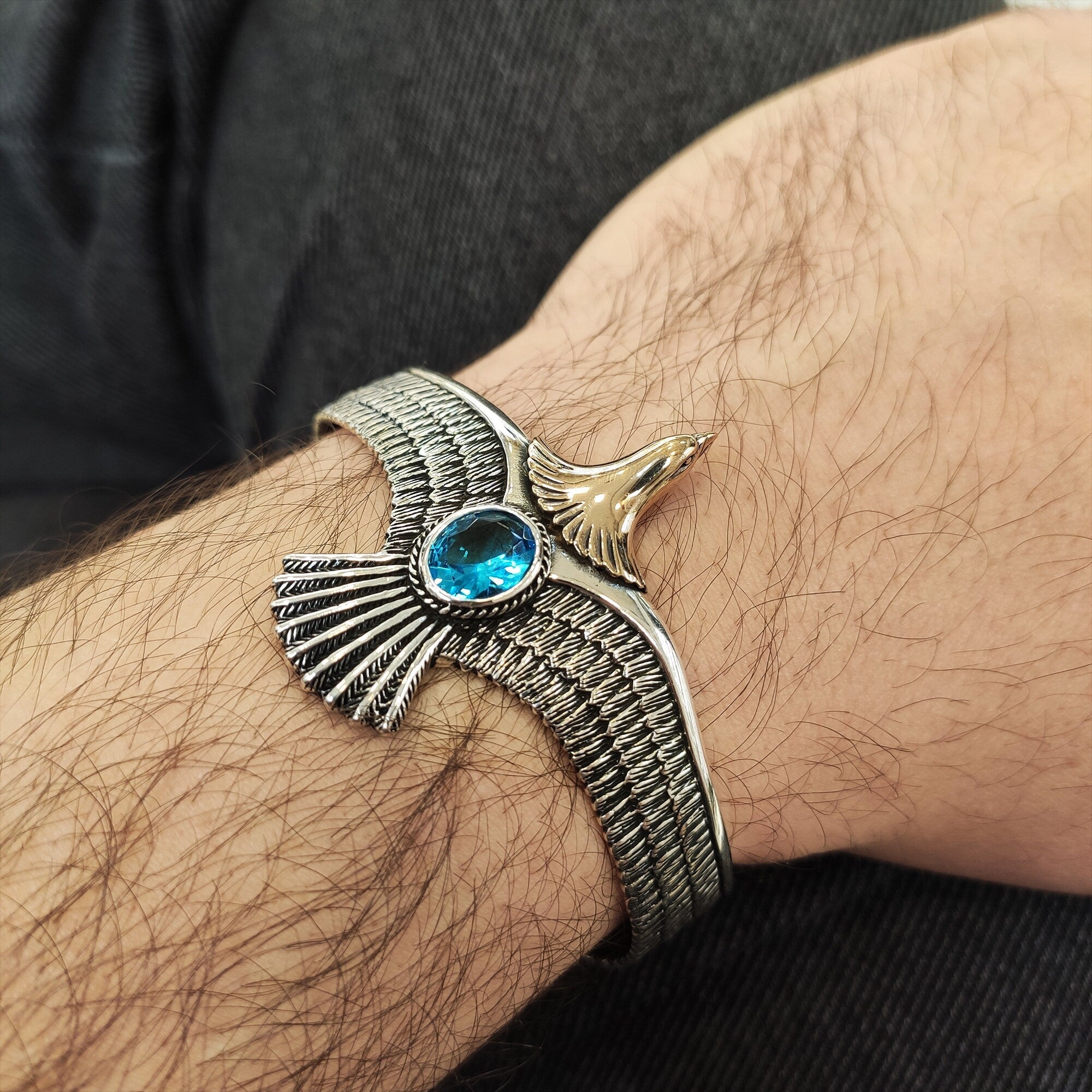 Silver Eagle Bracelet: Handmade Cuff with Aquamarine (Men's Jewelry)