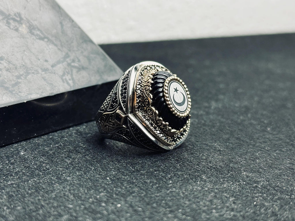 Men's Sterling Silver Ring: Turkish Moon Star - Handmade Oval Band