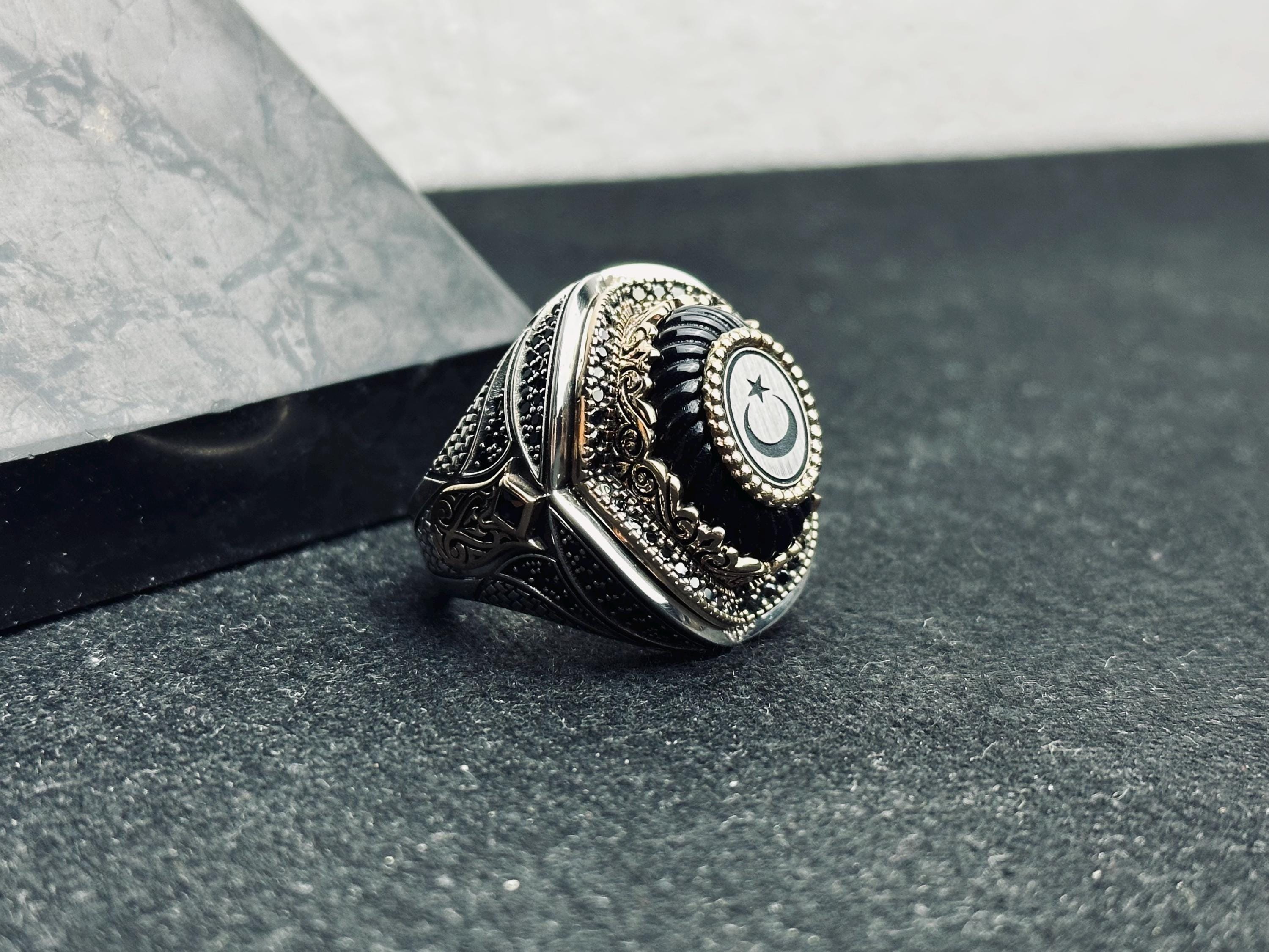 Men's Sterling Silver Ring: Turkish Moon Star - Handmade Oval Band