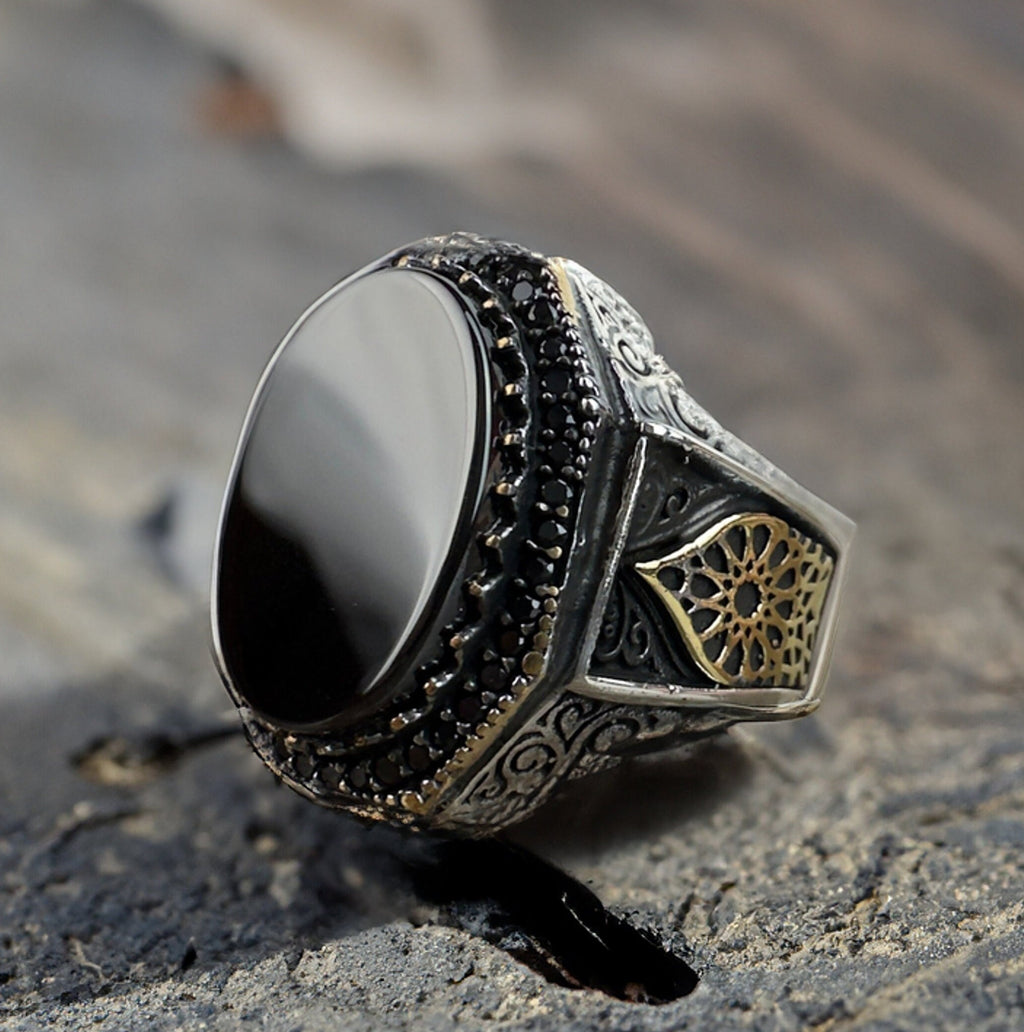 Onyx Gemstone Ring: Sterling Silver Men's Jewelry (Hand Engraved)