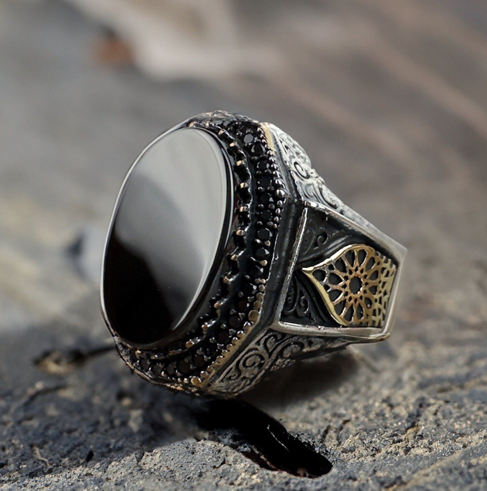 Onyx Gemstone Ring: Sterling Silver Men's Jewelry (Hand Engraved)
