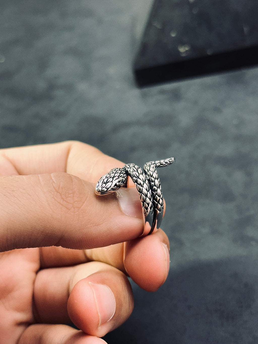 Sterling Silver Snake Ring, Oxidized Finish (Adjustable, Handmade)