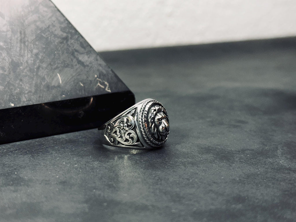 Engraved Lion Ring: Handmade Sterling Silver, Zodiac Leo Design