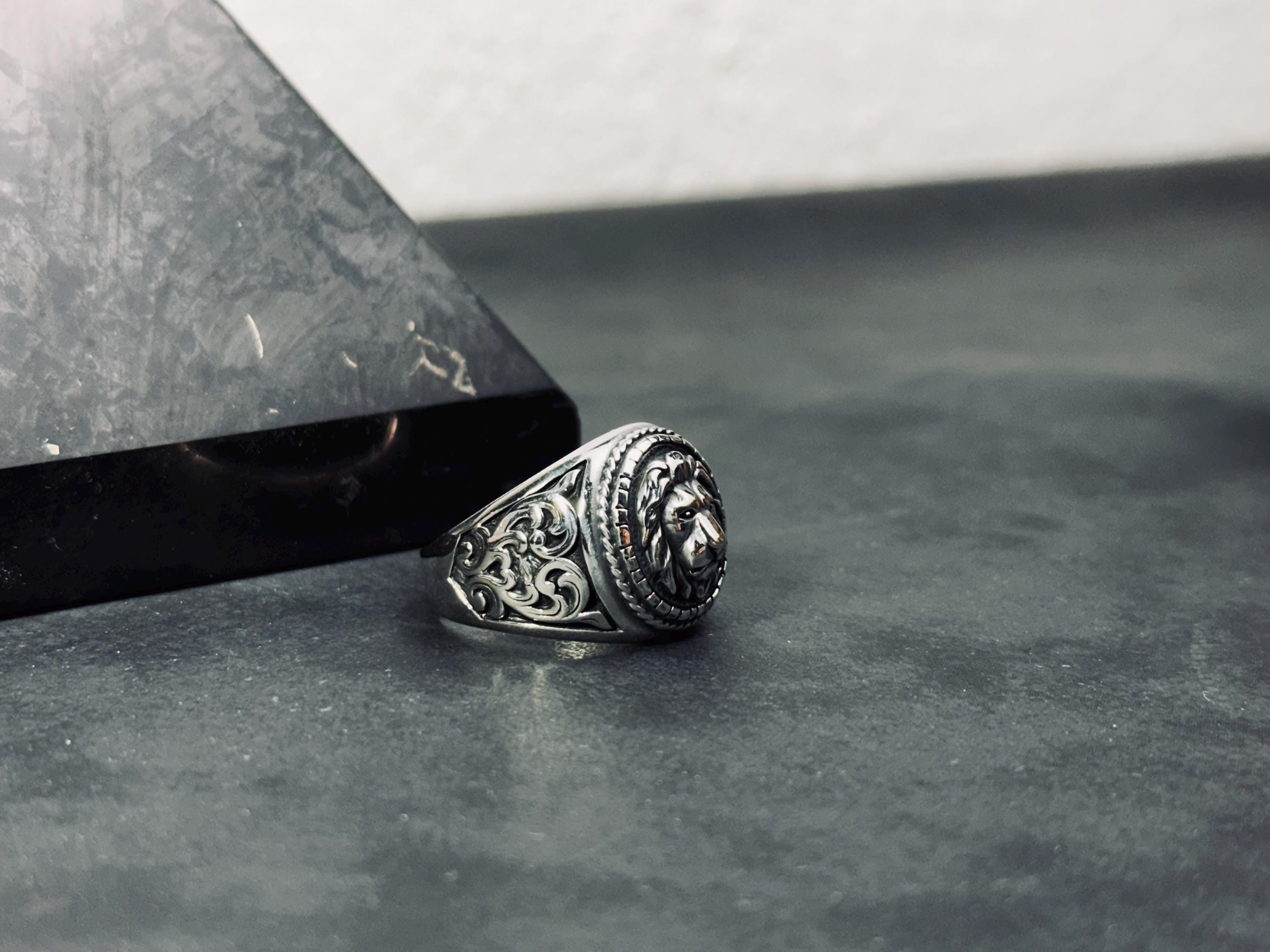 Engraved Lion Ring: Handmade Sterling Silver, Zodiac Leo Design