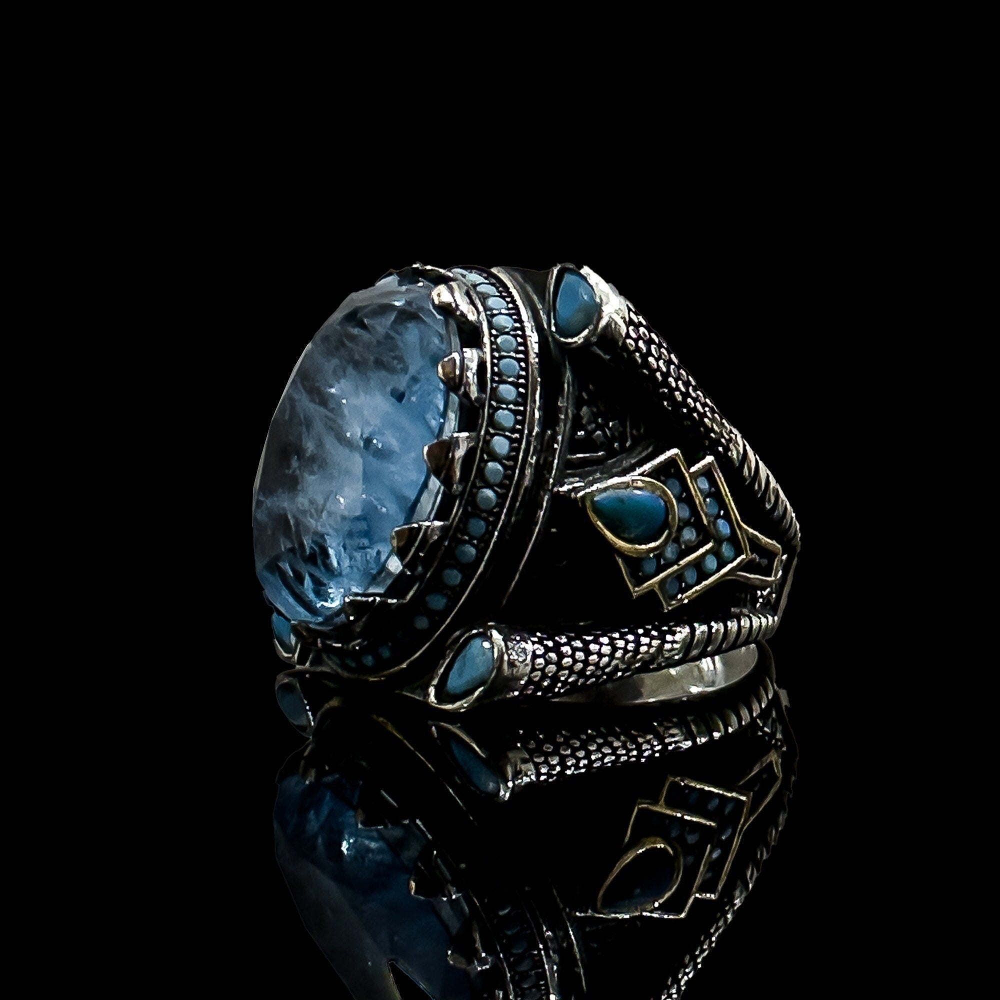Paraiba Tourmaline  Mens Ring - Sterling Silver, Handmade with Eagle Motif