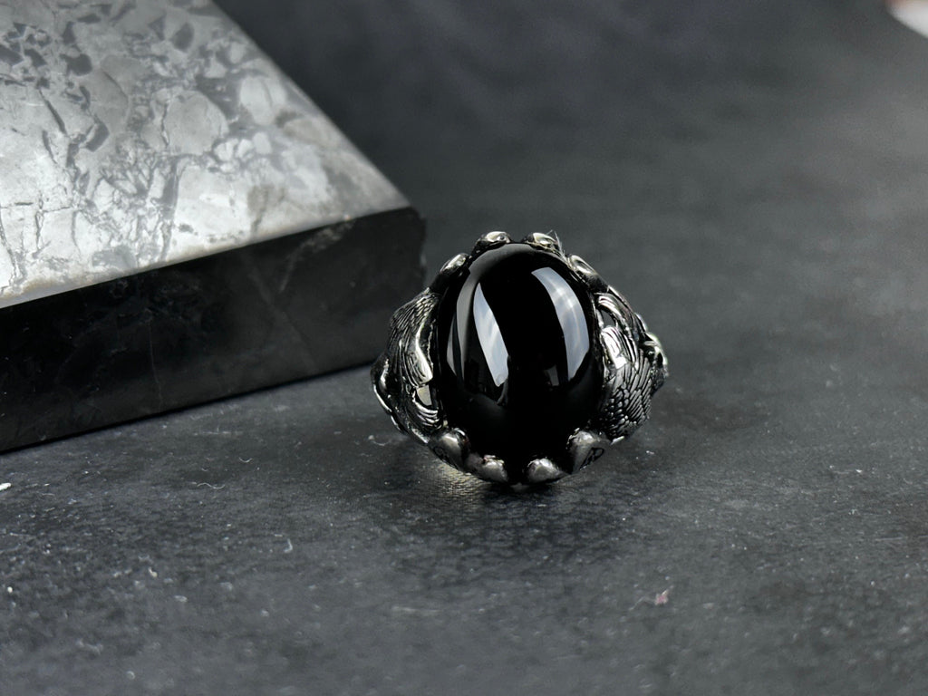 Men's Sterling Silver Ring, Majestic Eagle, Onyx Gemstone (Statement Jewelry)