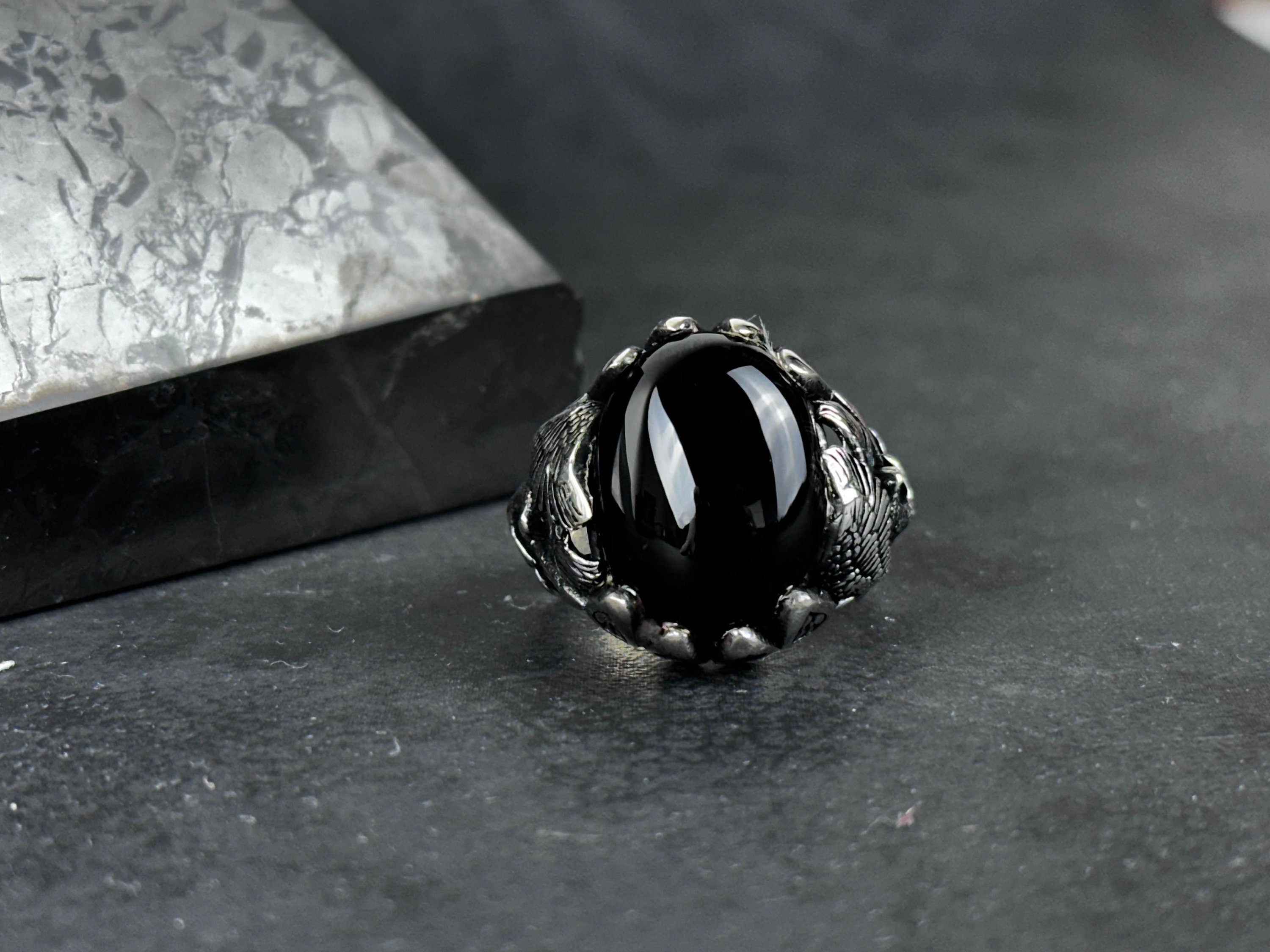 Men's Sterling Silver Ring, Majestic Eagle, Onyx Gemstone (Statement Jewelry)