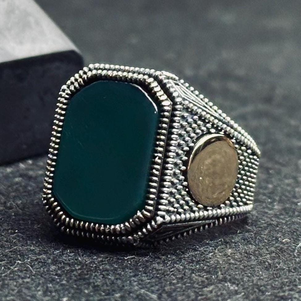 Green Agate Ring for Men: Handmade Sterling Silver Leaf Band