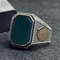 Green Agate Ring for Men: Handmade Sterling Silver Leaf Band