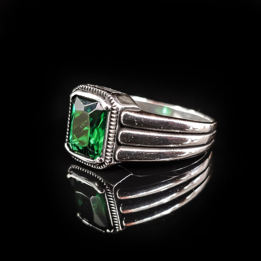 Men's Sterling Silver Ring - Red Zircon Baguette Stone