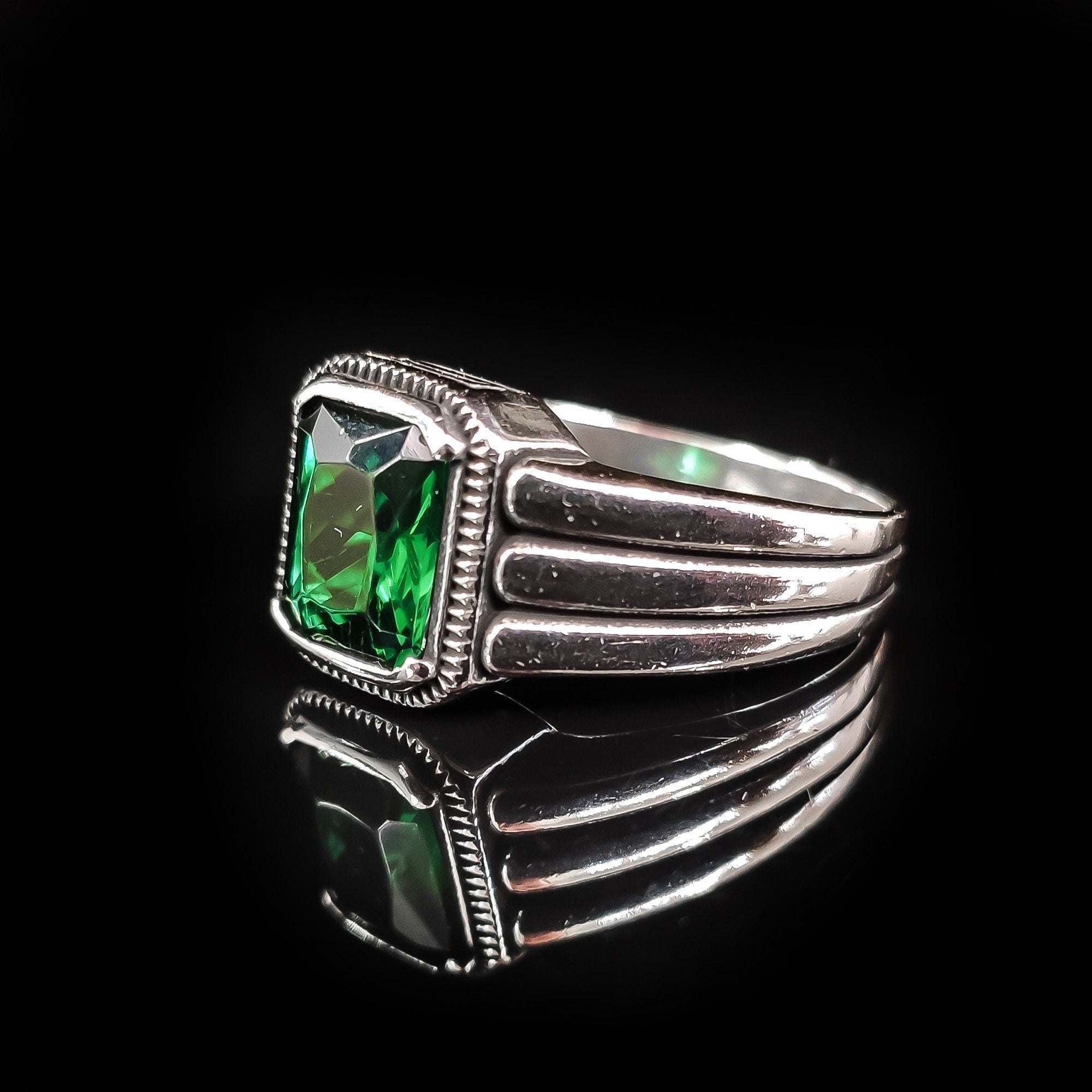 Men's Sterling Silver Ring - Red Zircon Baguette Stone