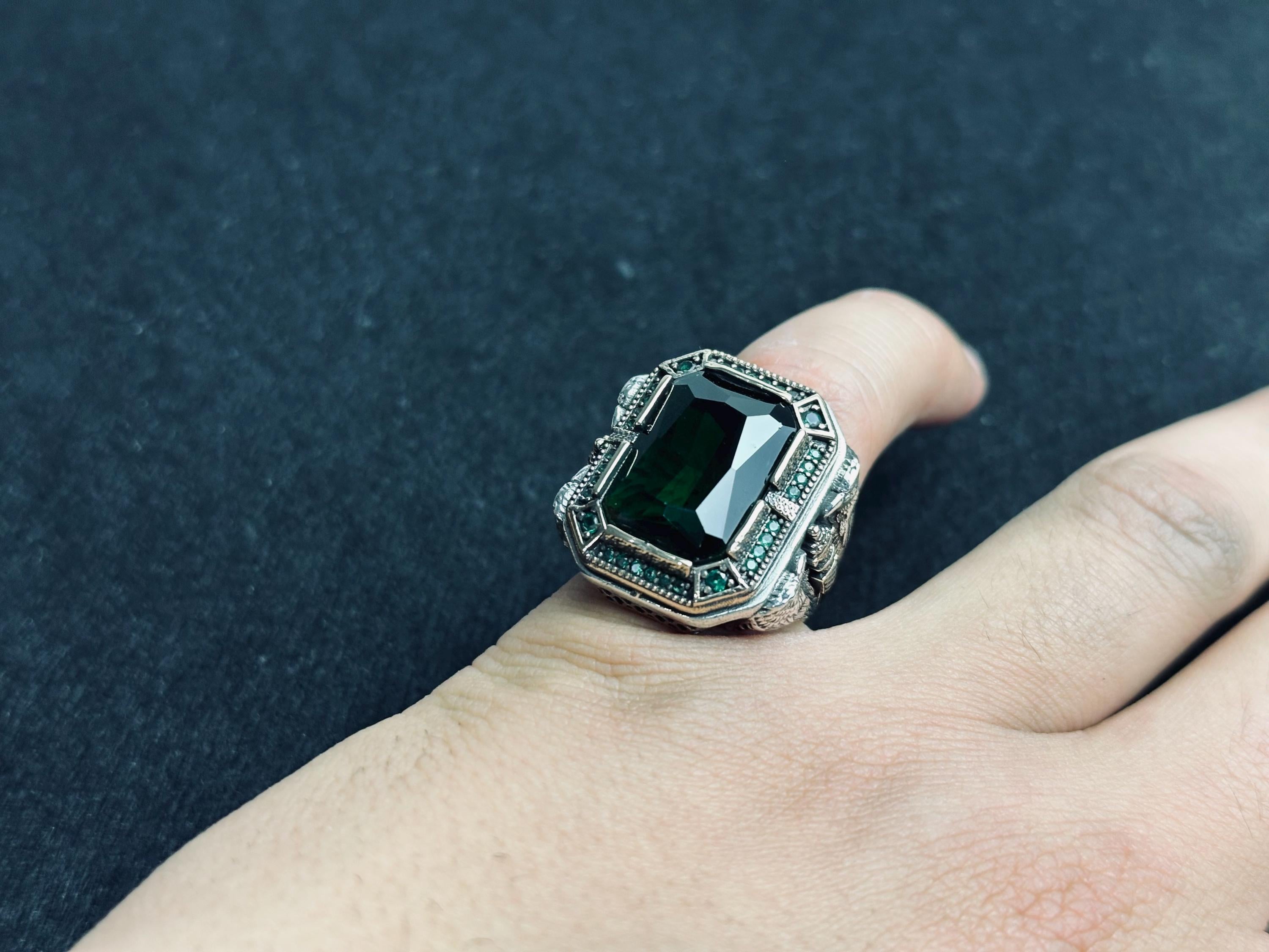 Colombian Emerald Ring for Men: Eagle-Accented Sterling Silver