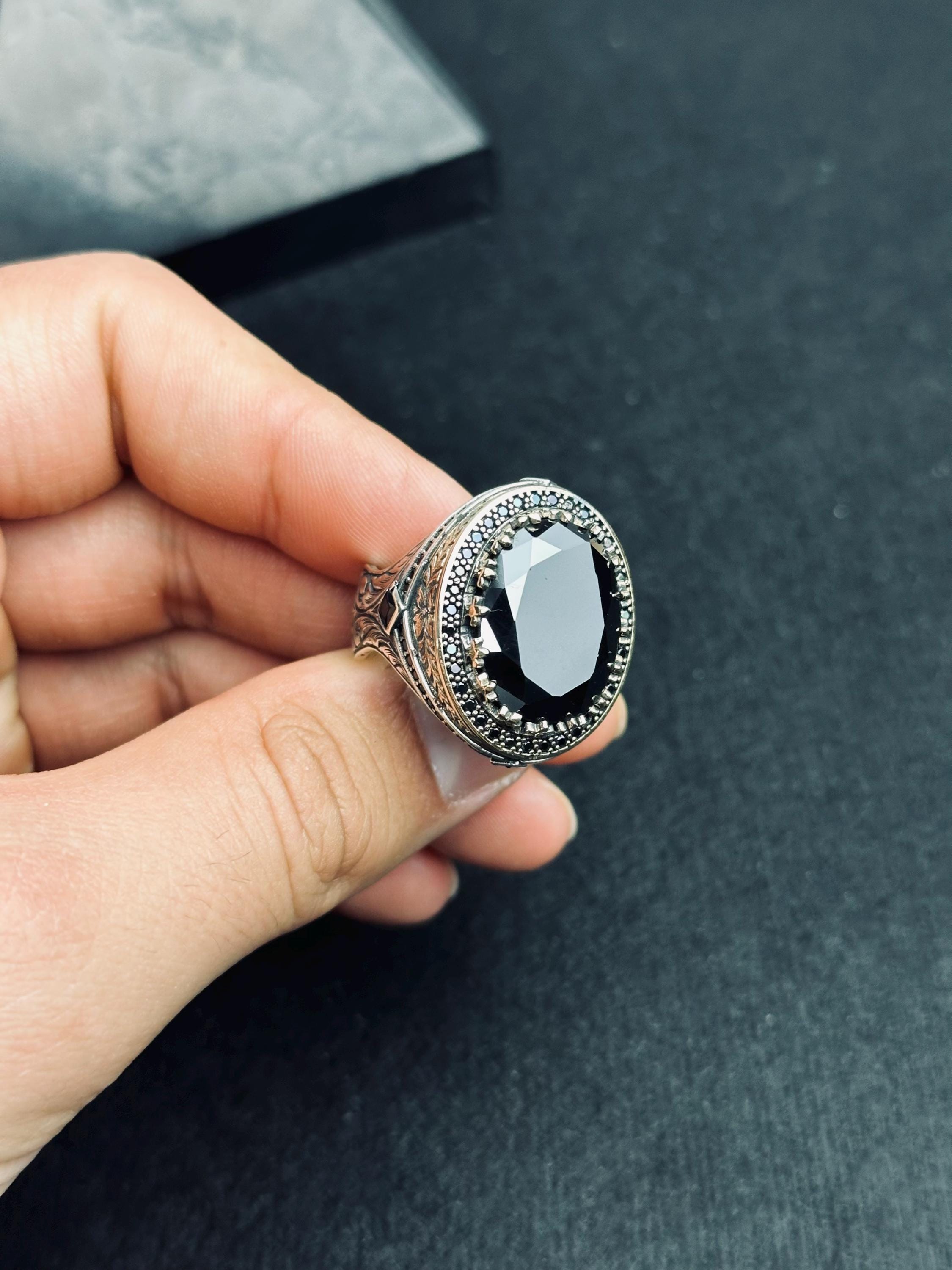 Oxidized Sterling Silver Ring: Handmade Zircon Men's Jewelry