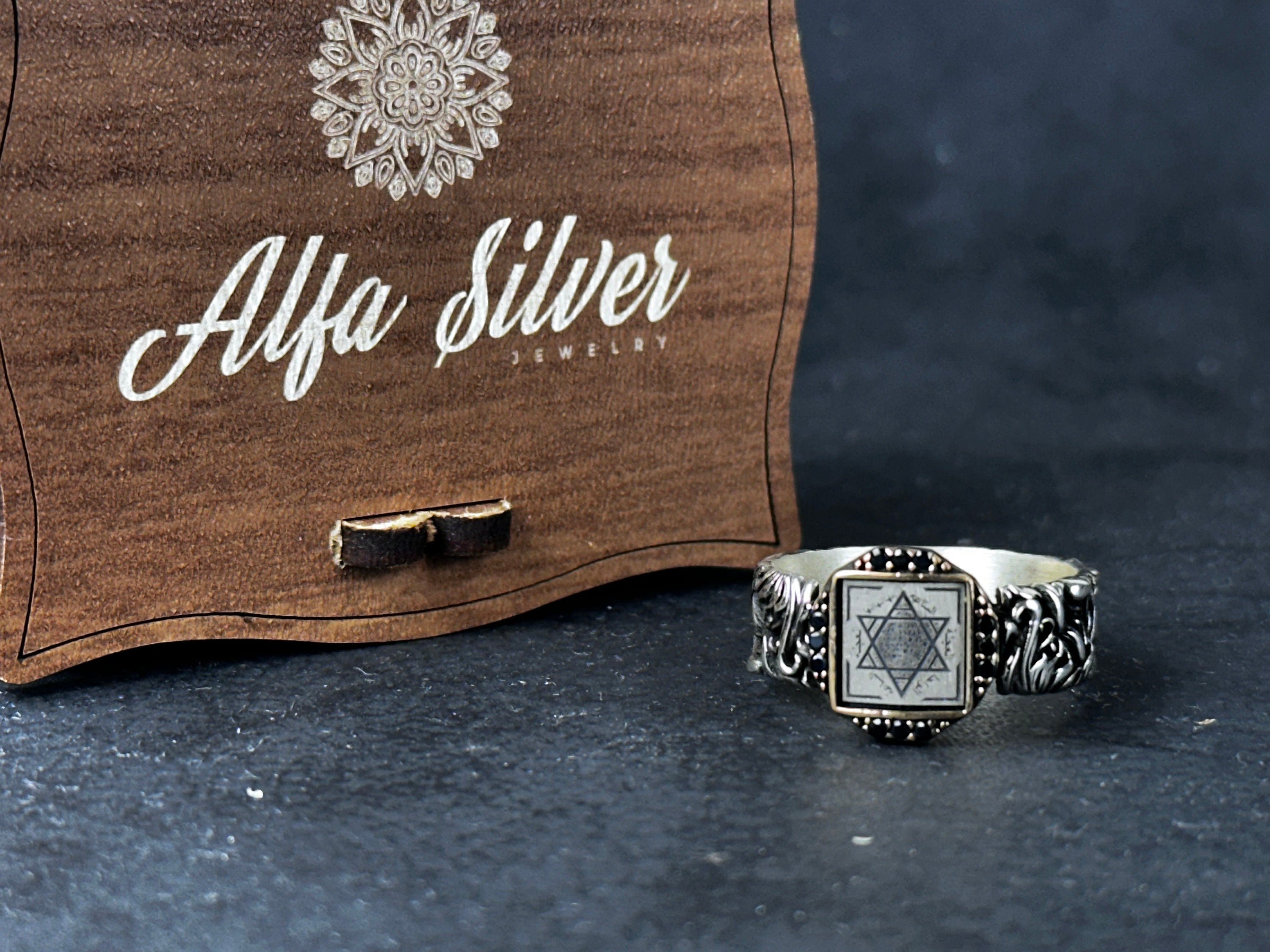 Sterling Silver Solomon Seal Ring - Handmade Adjustable Protection Jewelry